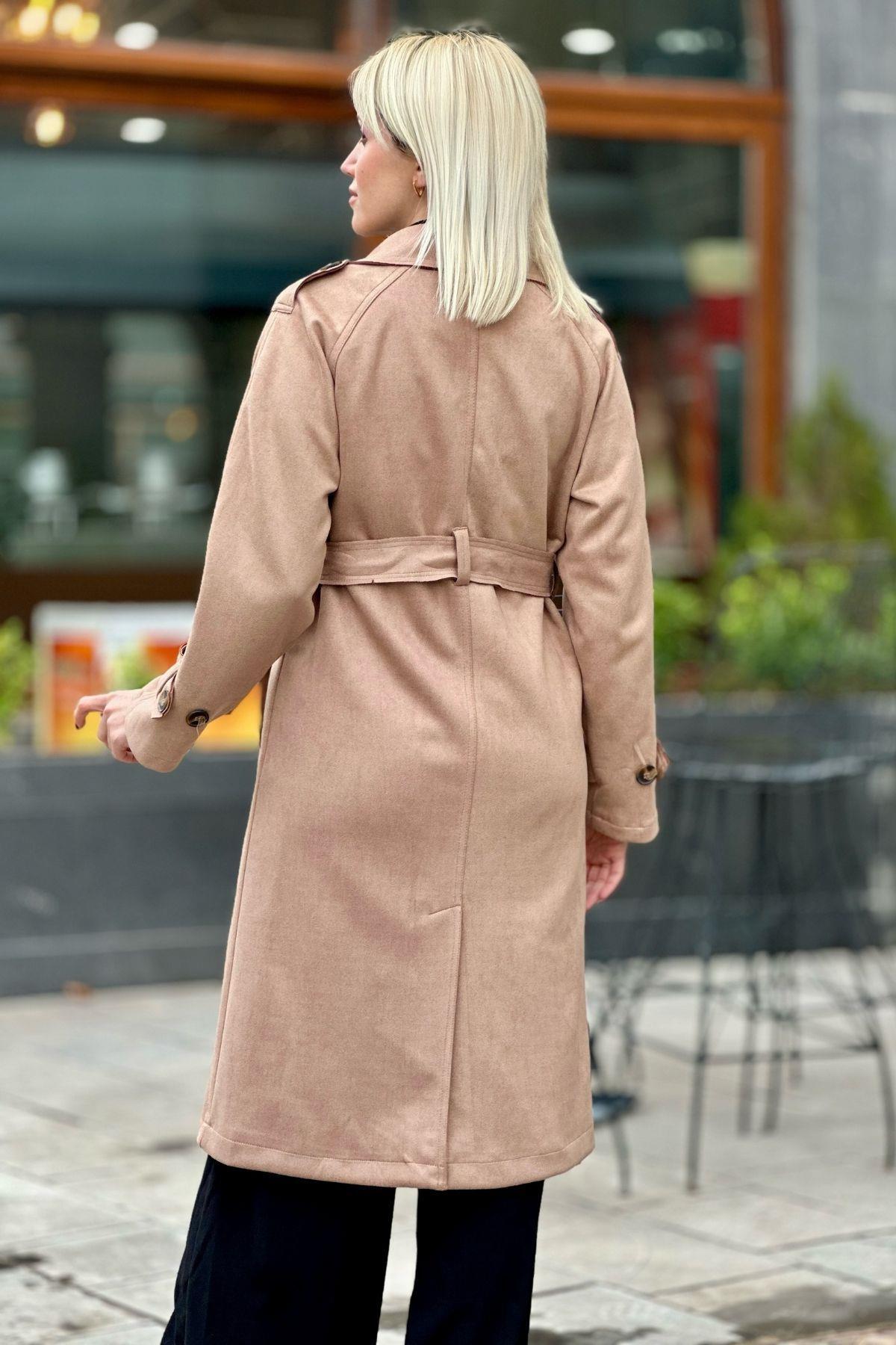 7328A Parça Detay Düğmeli Trençkot Vizon - 4