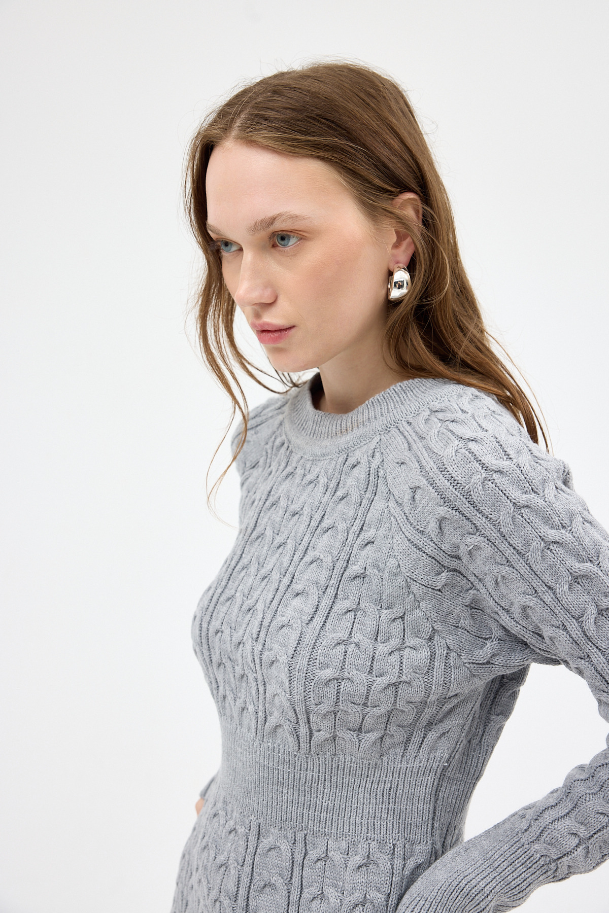 Açık Gri Kadın Kalın Örgü Bel Detaylı Triko Elbise 7330 - 6