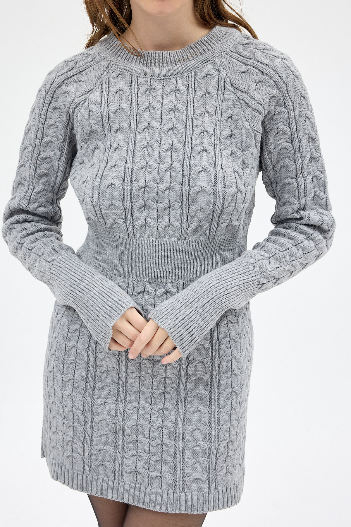 Açık Gri Kadın Kalın Örgü Bel Detaylı Triko Elbise 7330 - 2