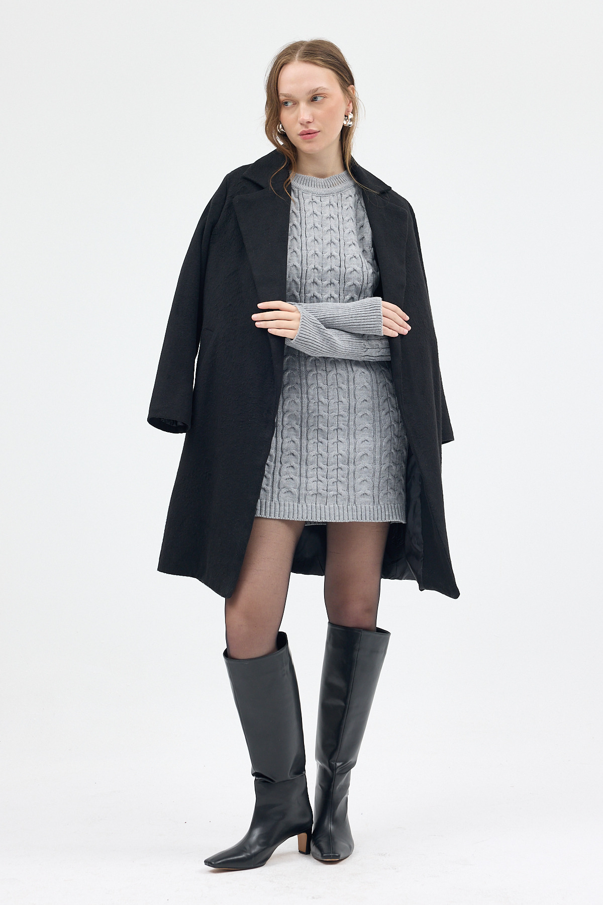 Açık Gri Kadın Kalın Örgü Bel Detaylı Triko Elbise 7330 - RAYS