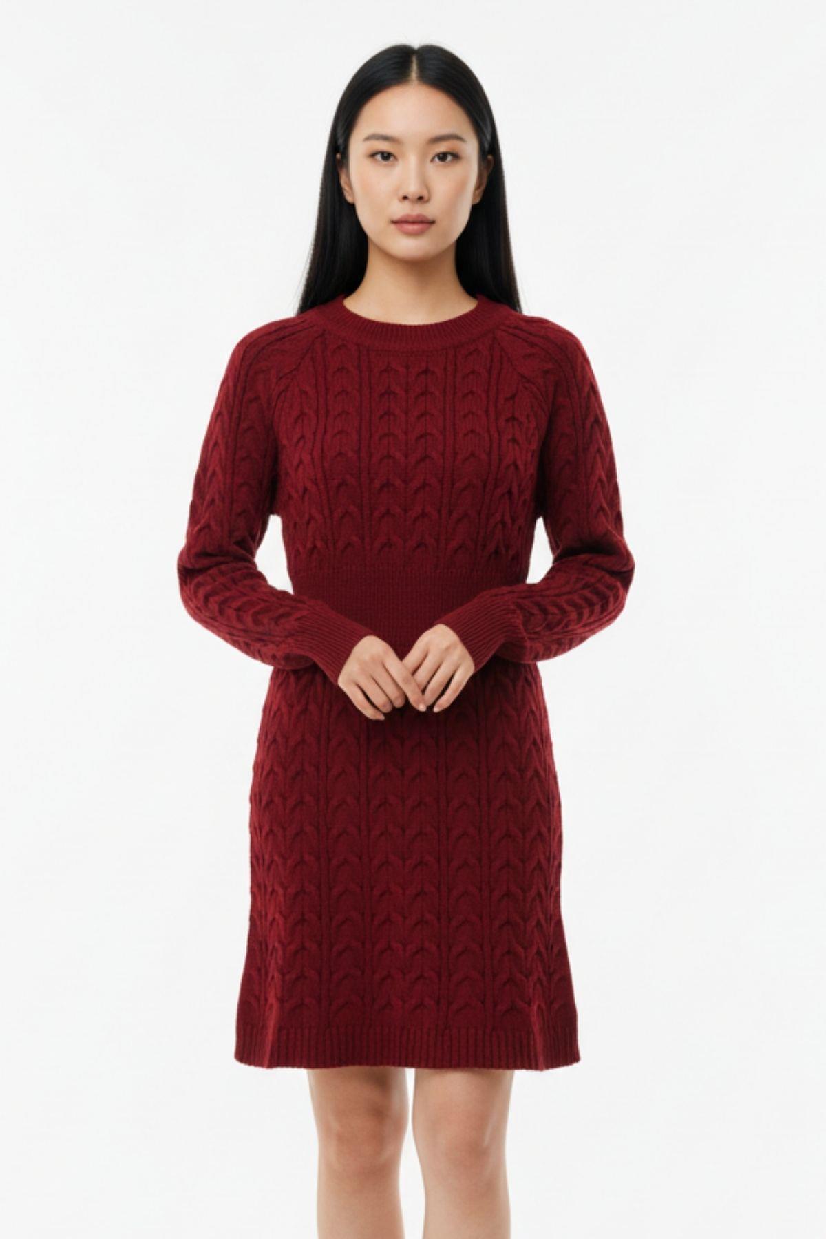 Bordo Kadın Kalın Örgü Bel Detaylı Triko Elbise 7330 