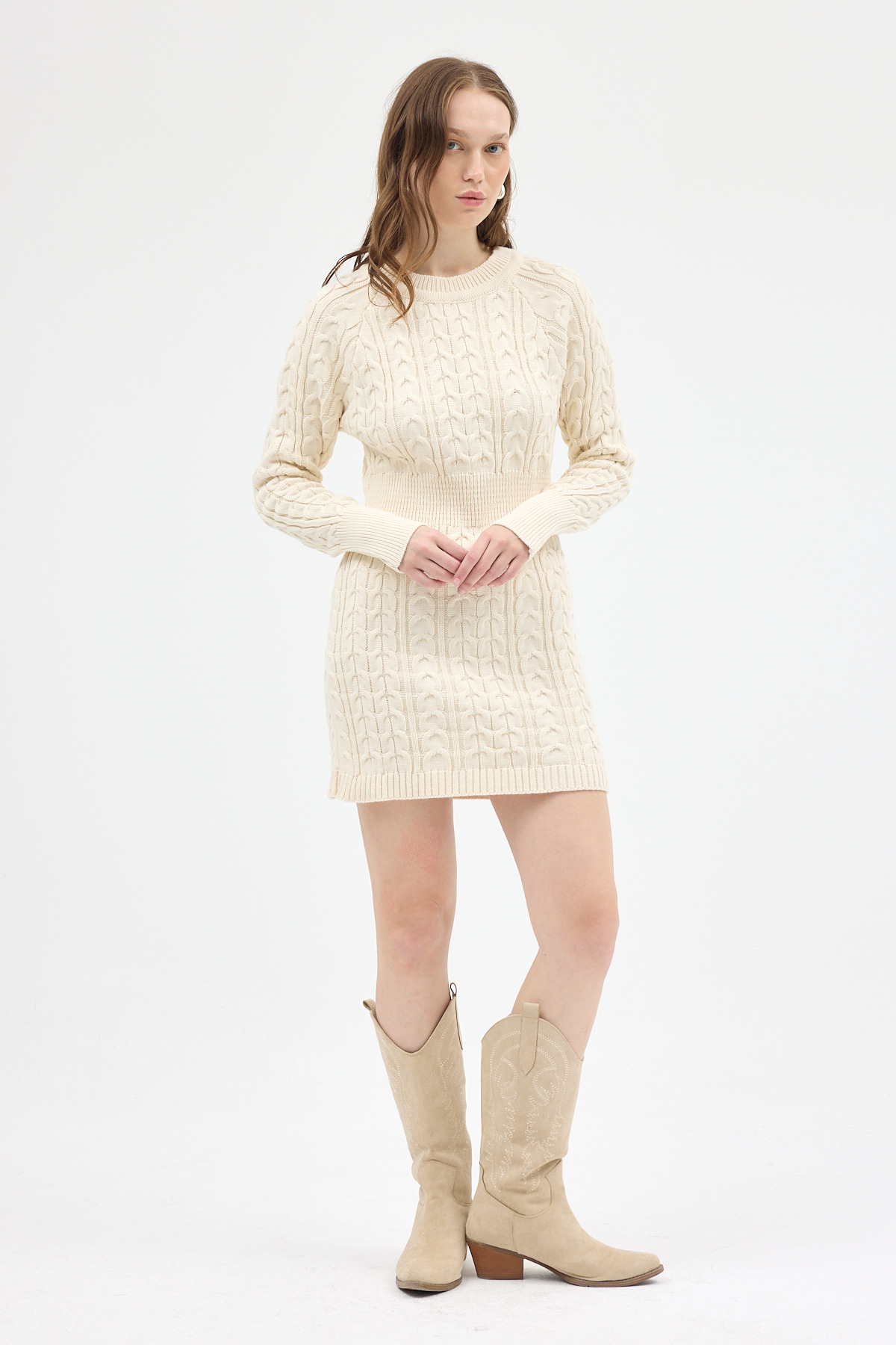 Natural Kadın Kalın Örgü Bel Detaylı Triko Elbise 7330 - 2