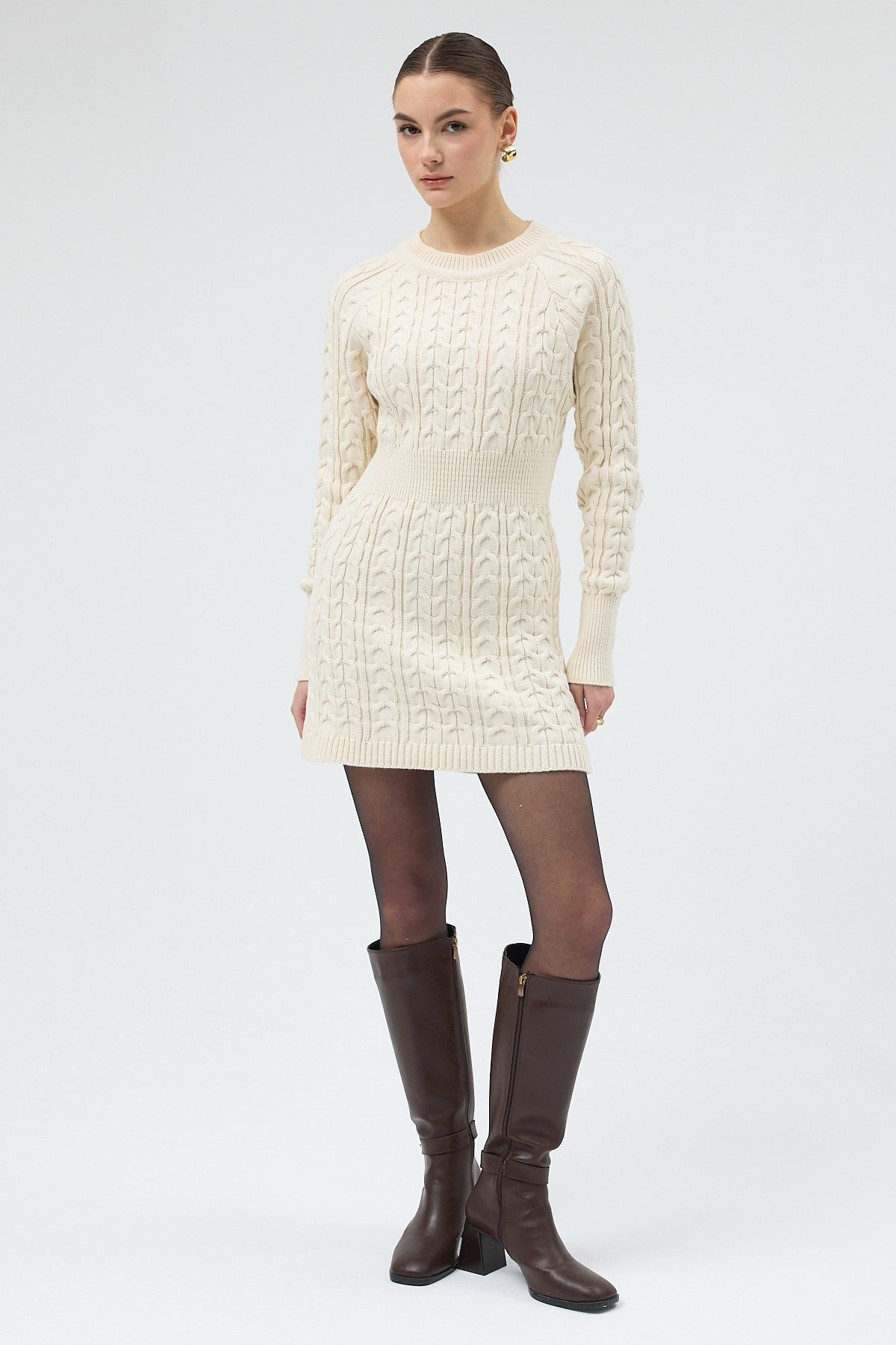 Natural Kadın Kalın Örgü Bel Detaylı Triko Elbise 7330 - 2