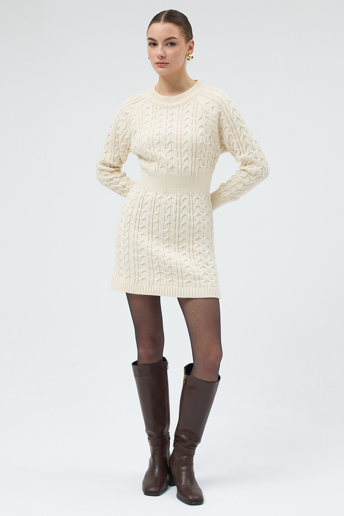 Natural Kadın Kalın Örgü Bel Detaylı Triko Elbise 7330 - 6