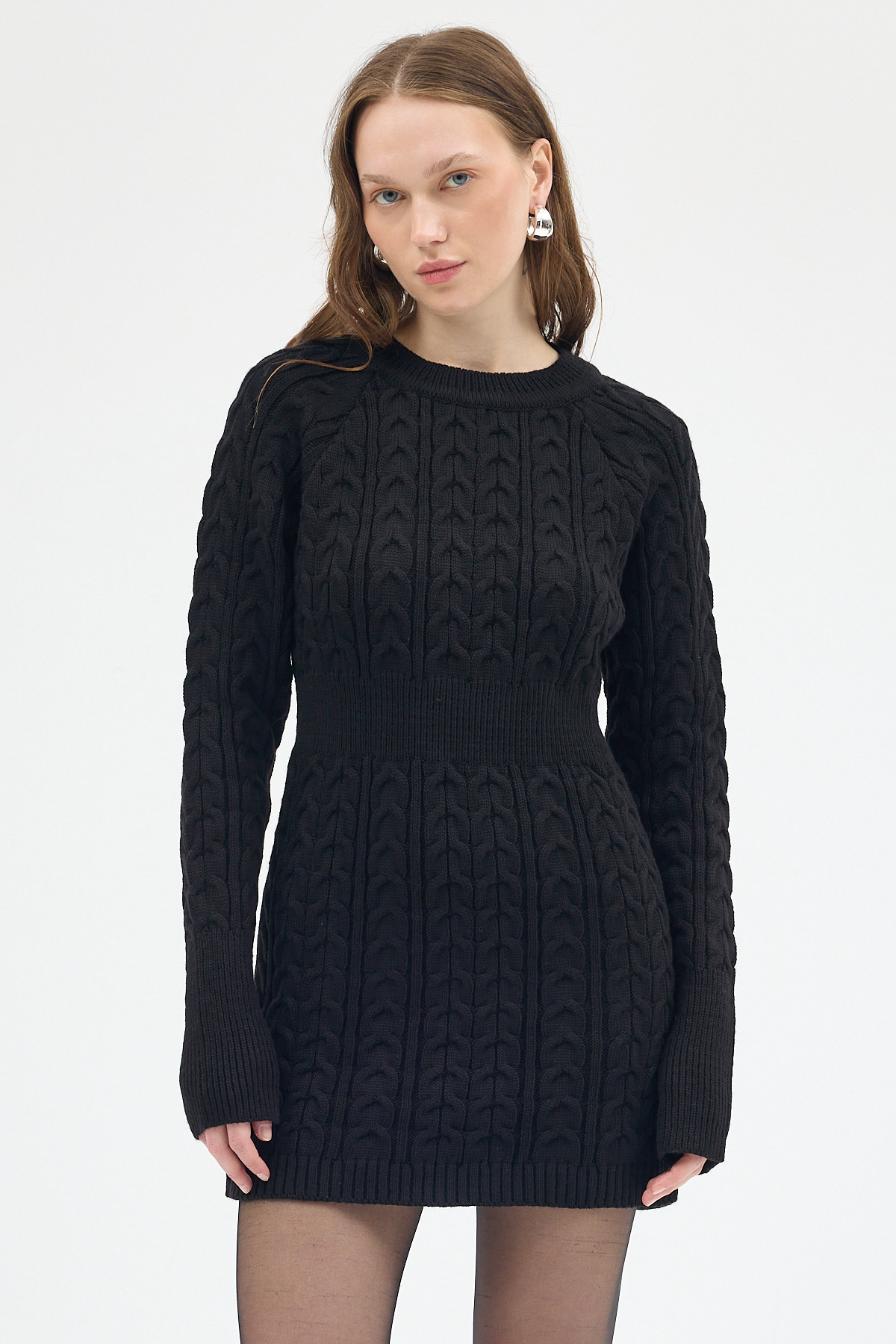 Siyah Kadın Kalın Örgü Bel Detaylı Triko Elbise 7330 - 2