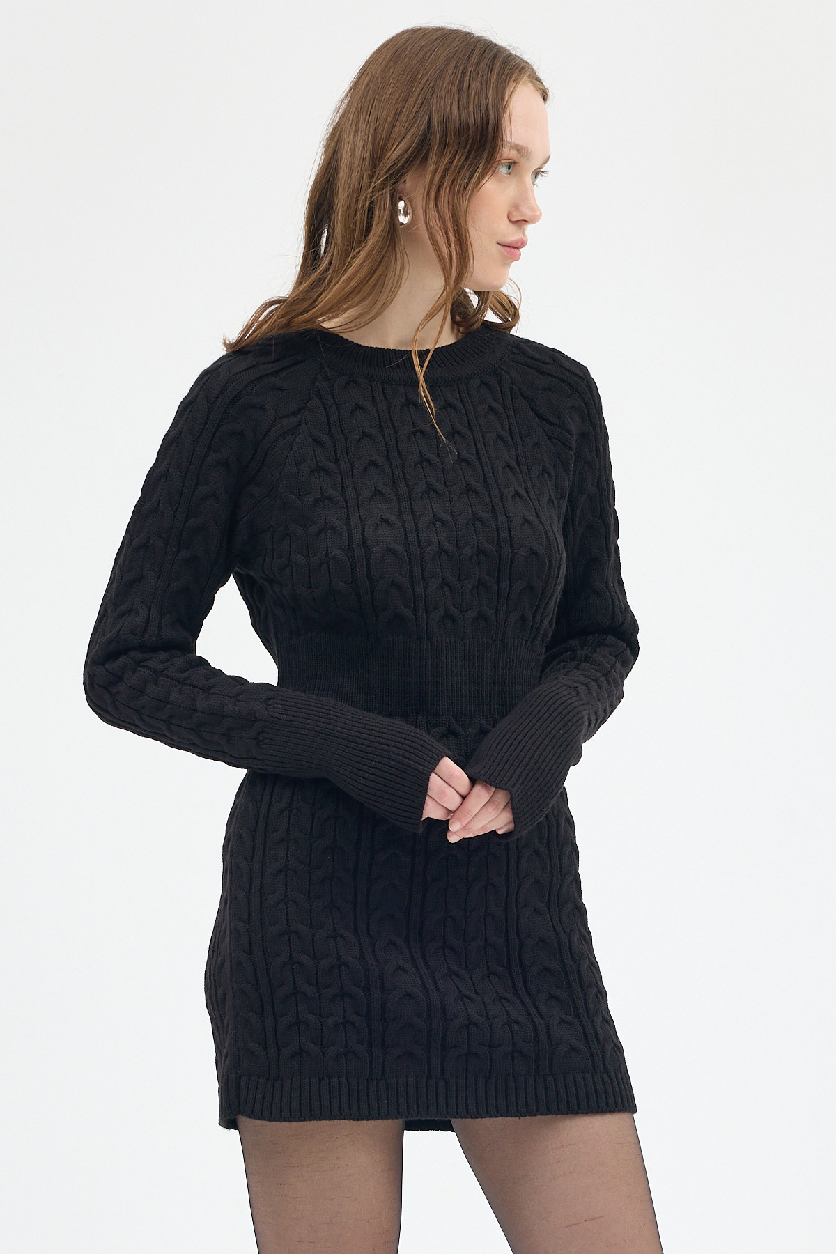 Siyah Kadın Kalın Örgü Bel Detaylı Triko Elbise 7330 - 6