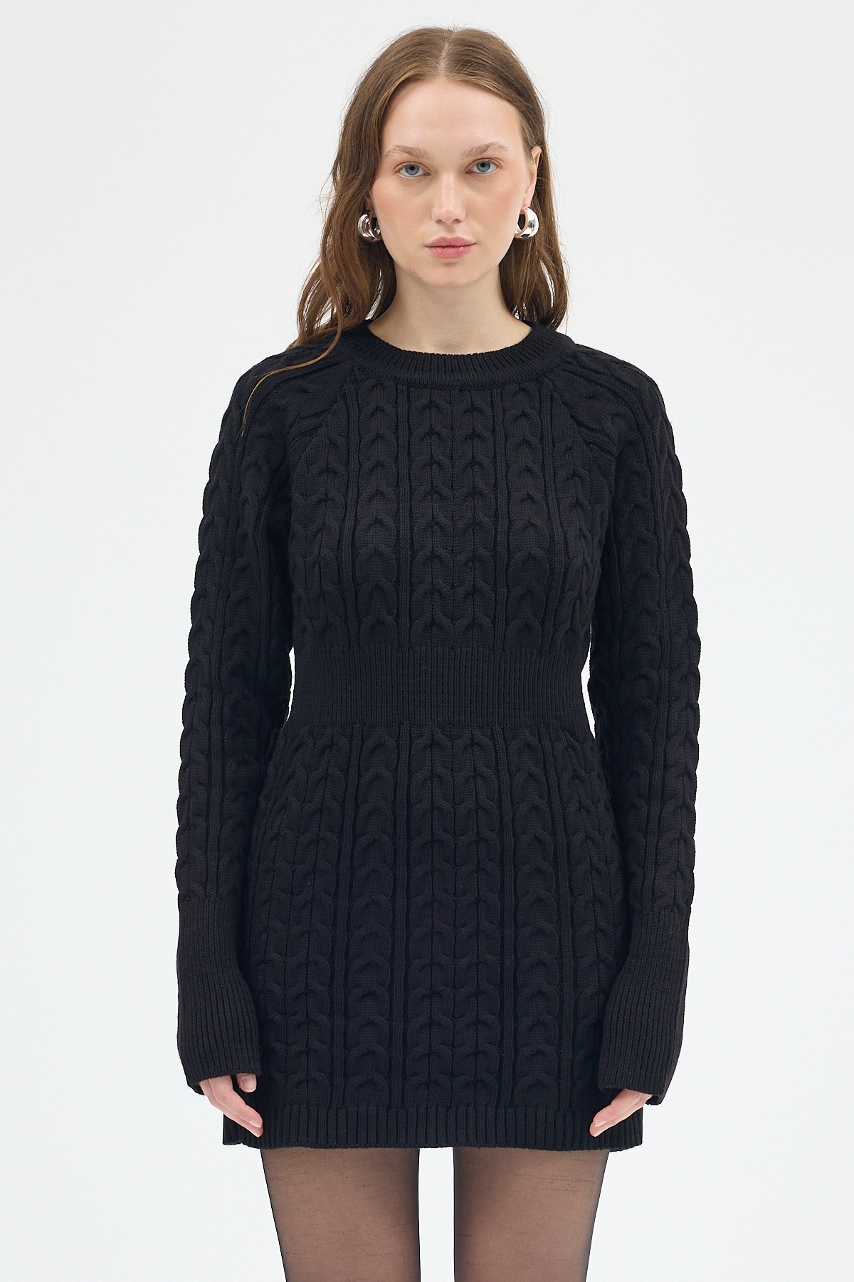 Siyah Kadın Kalın Örgü Bel Detaylı Triko Elbise 7330 - 7