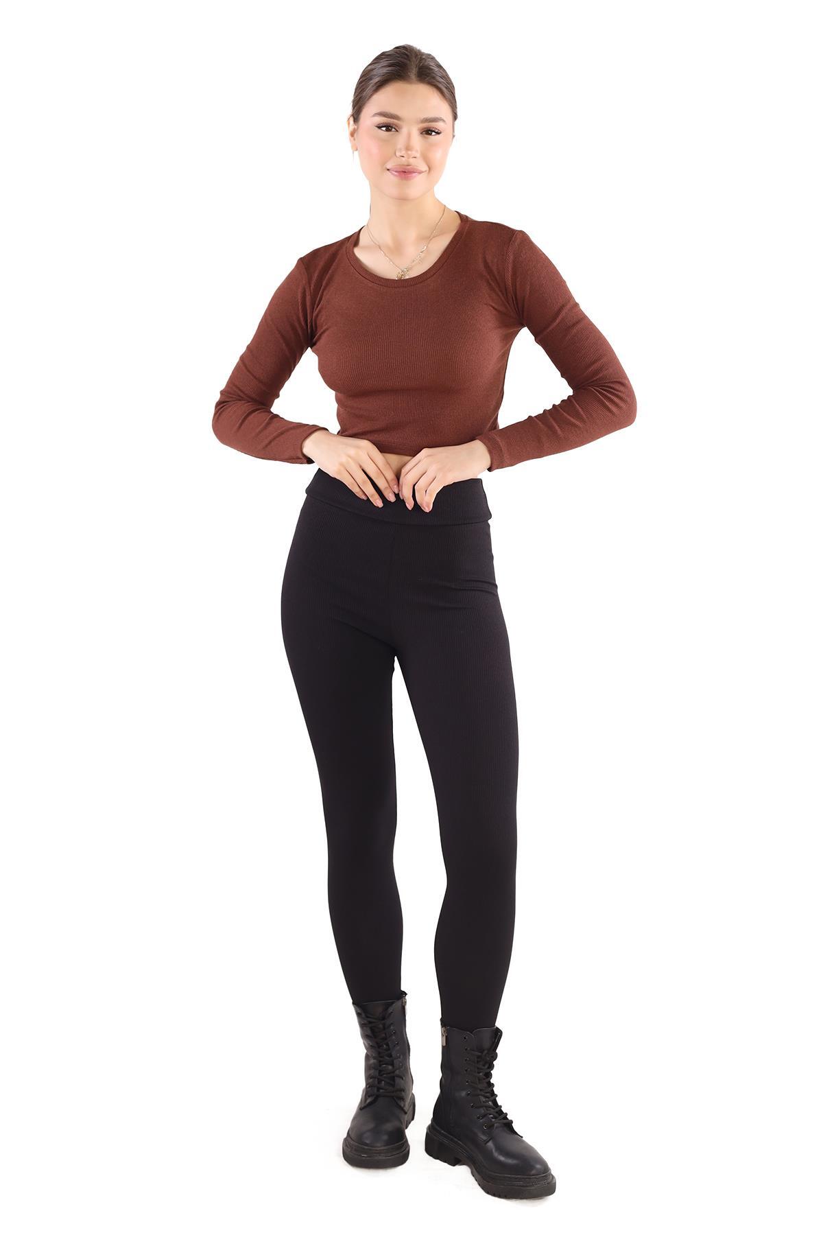 734 Bisiklet Yaka Crop Bluz Acı Kahve - 2
