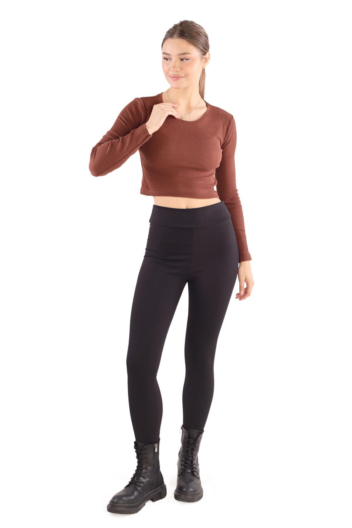 734 Bisiklet Yaka Crop Bluz Acı Kahve - 7
