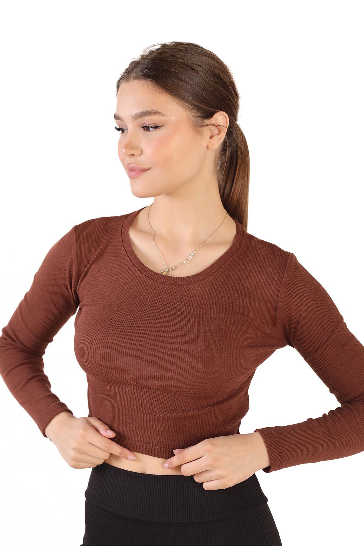 734 Bisiklet Yaka Crop Bluz Acı Kahve - 3