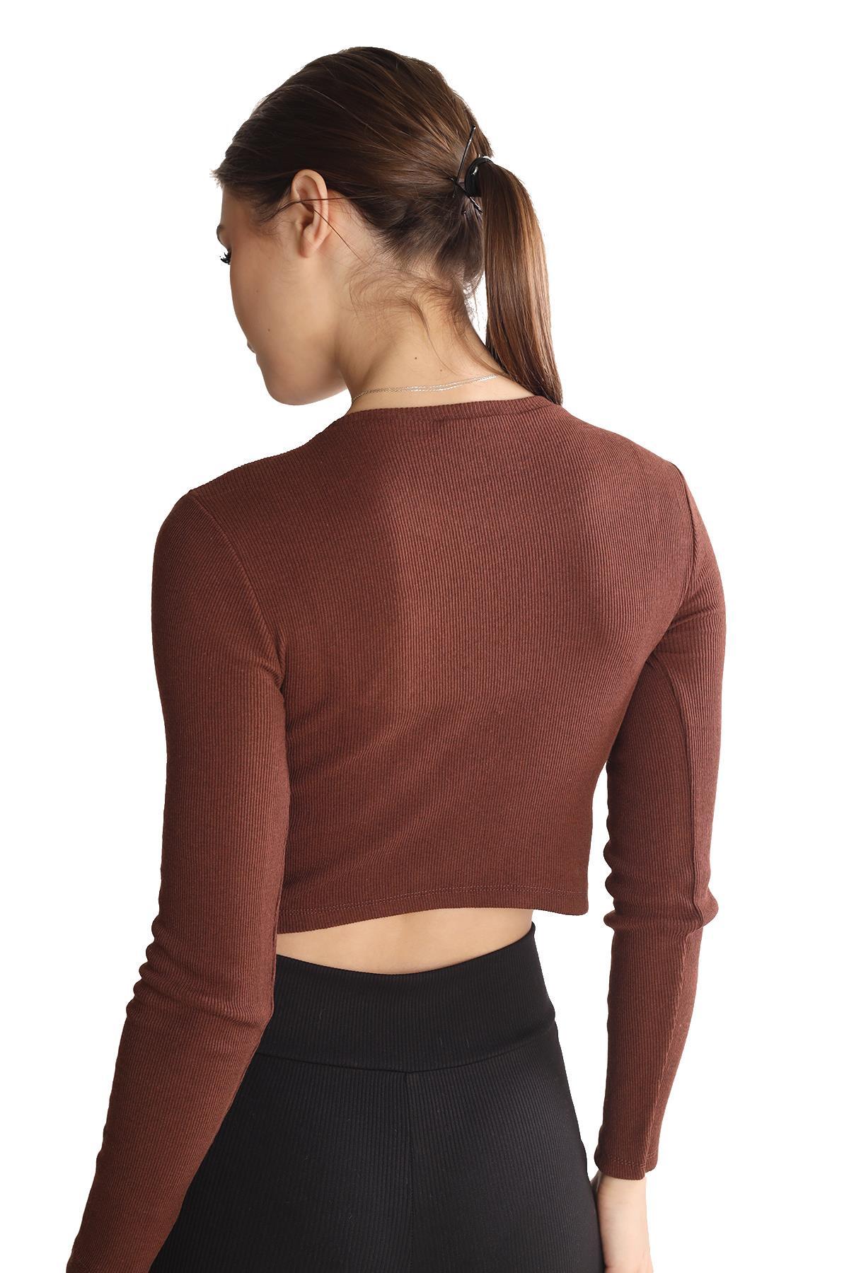 734 Bisiklet Yaka Crop Bluz Acı Kahve - 5