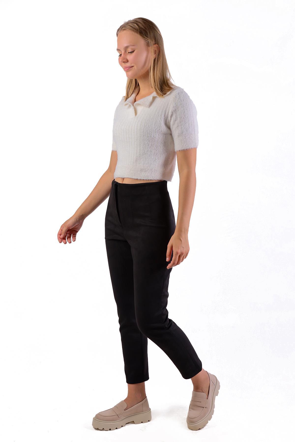 7348A Pens Detay Fermuarlı Süet Pantolon Siyah - 6