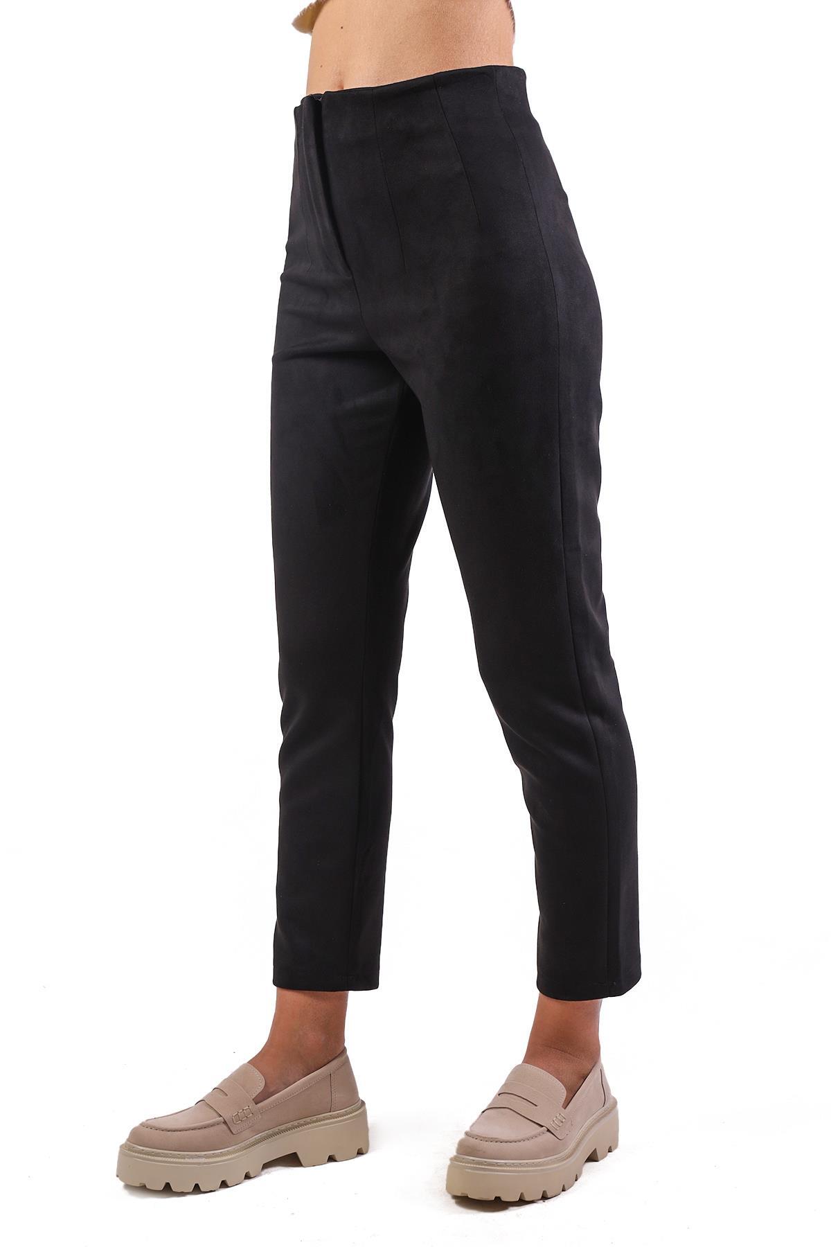 7348A Pens Detay Fermuarlı Süet Pantolon Siyah - 3
