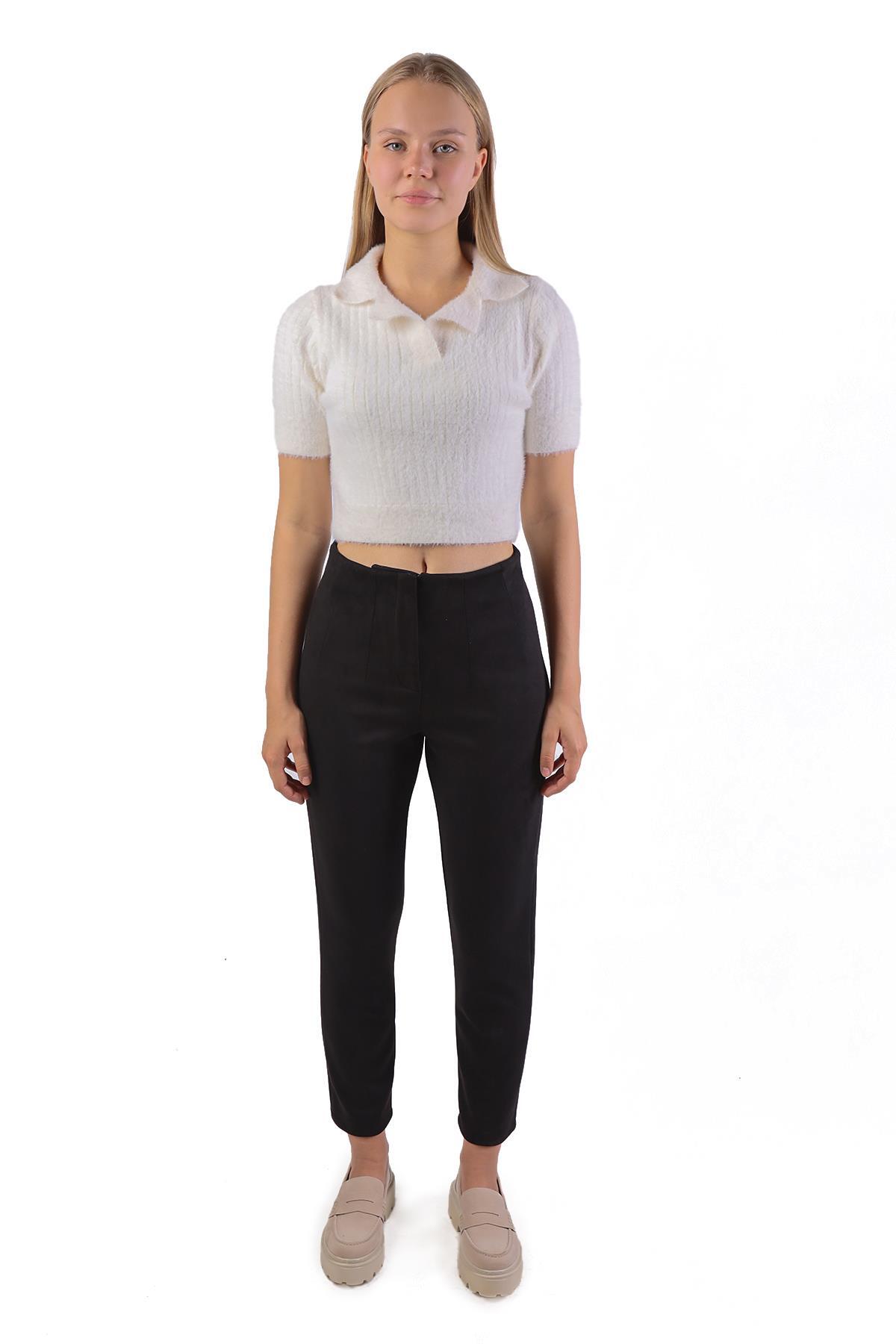 Siyah Pens Detay Fermuarlı Süet Pantolon 7348A - 2