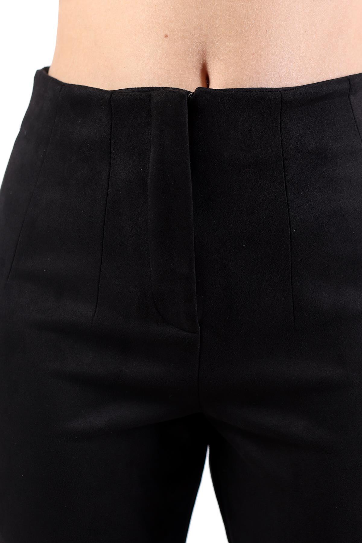 Siyah Pens Detay Fermuarlı Süet Pantolon 7348A - 4