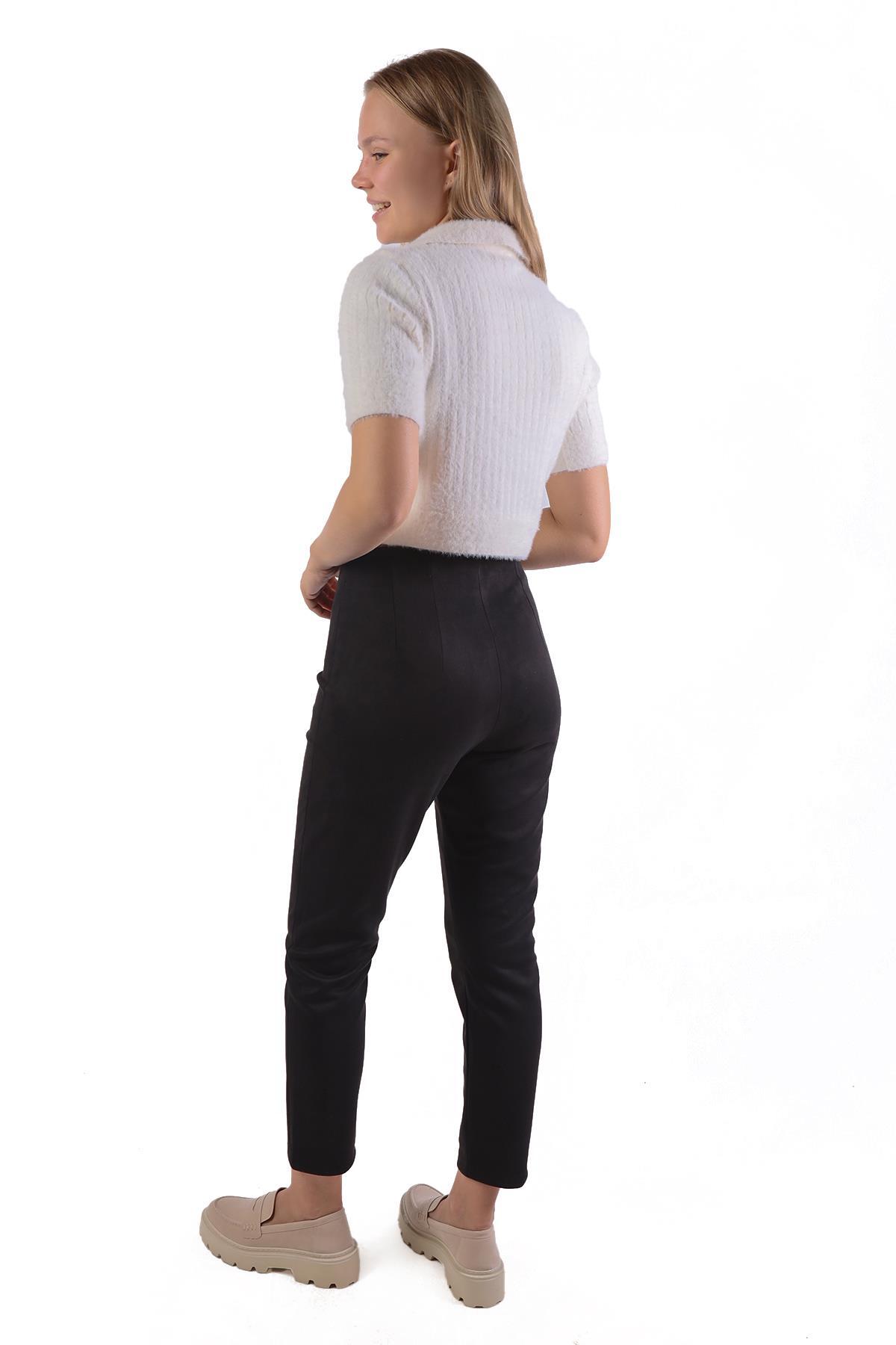 Siyah Pens Detay Fermuarlı Süet Pantolon 7348A - 5