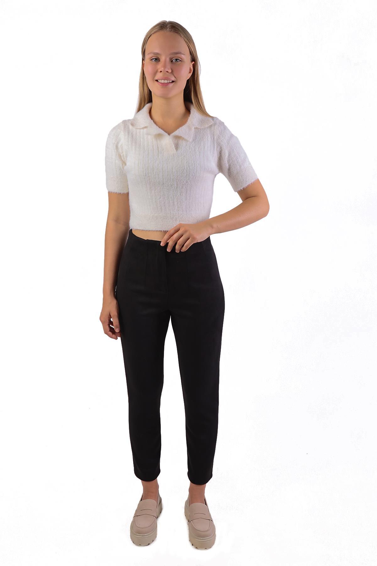 Siyah Pens Detay Fermuarlı Süet Pantolon 7348A - 8