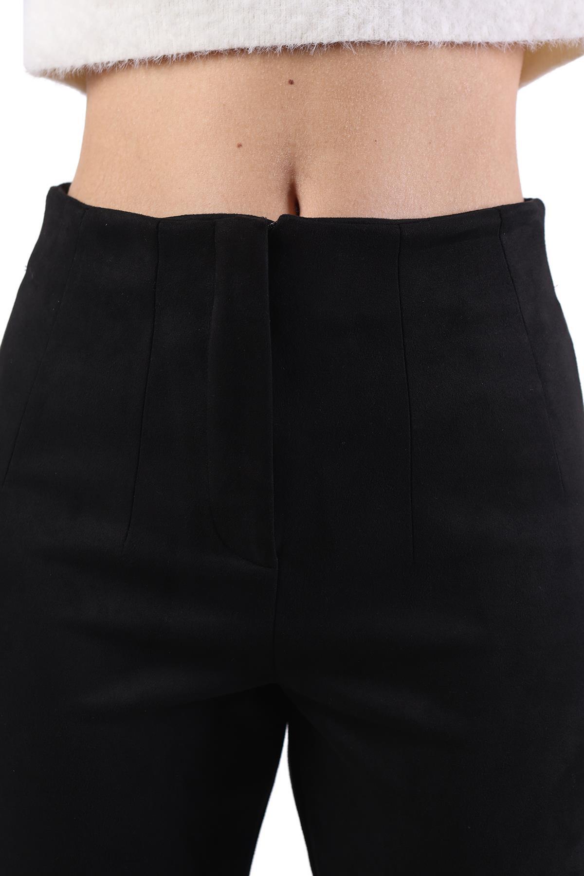 Siyah Pens Detay Fermuarlı Süet Pantolon 7348A - 9