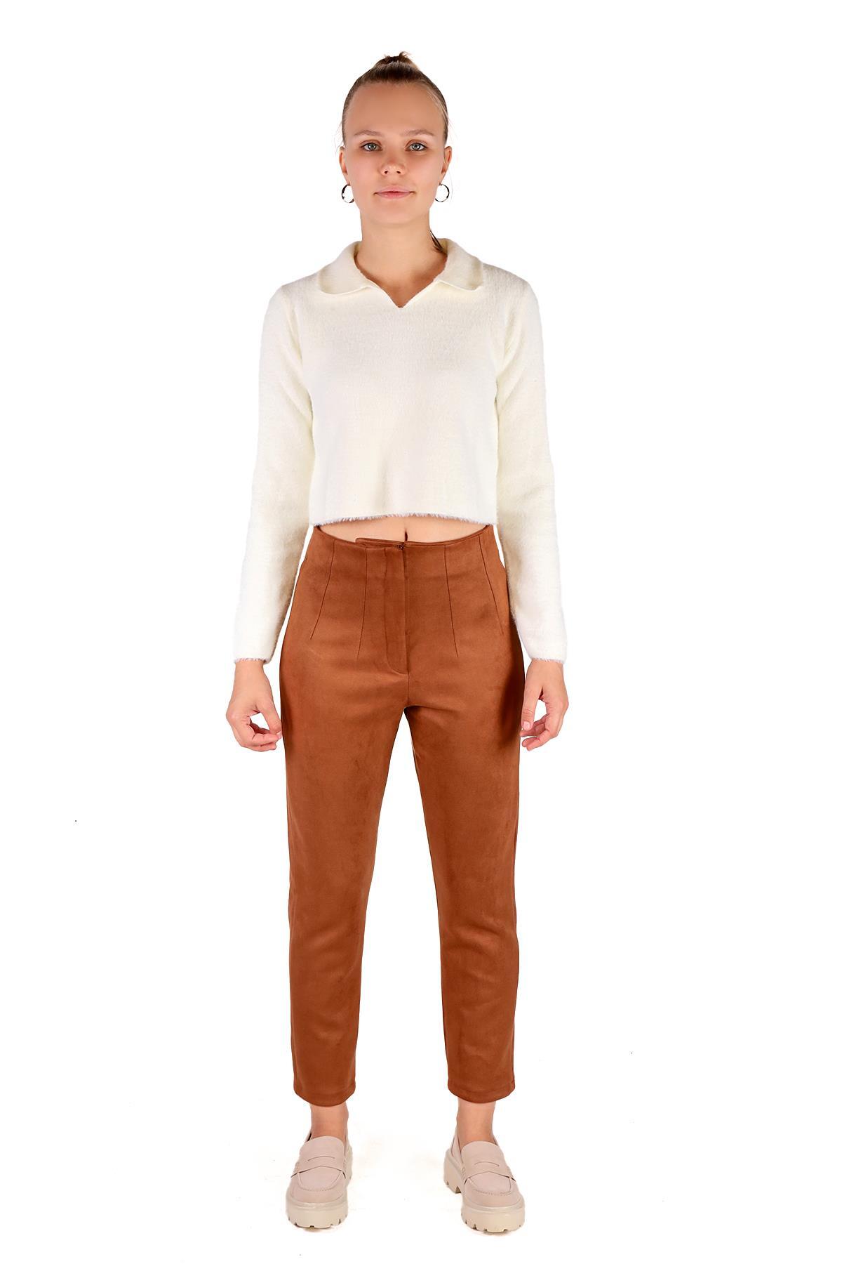 7348A Pens Detay Fermuarlı Süet Pantolon Taba - 1