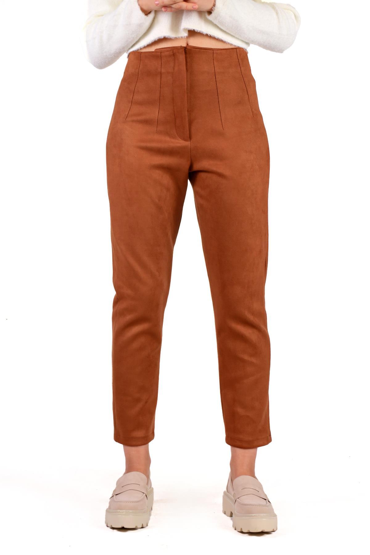 Taba Pens Detay Fermuarlı Süet Pantolon 7348A - 2