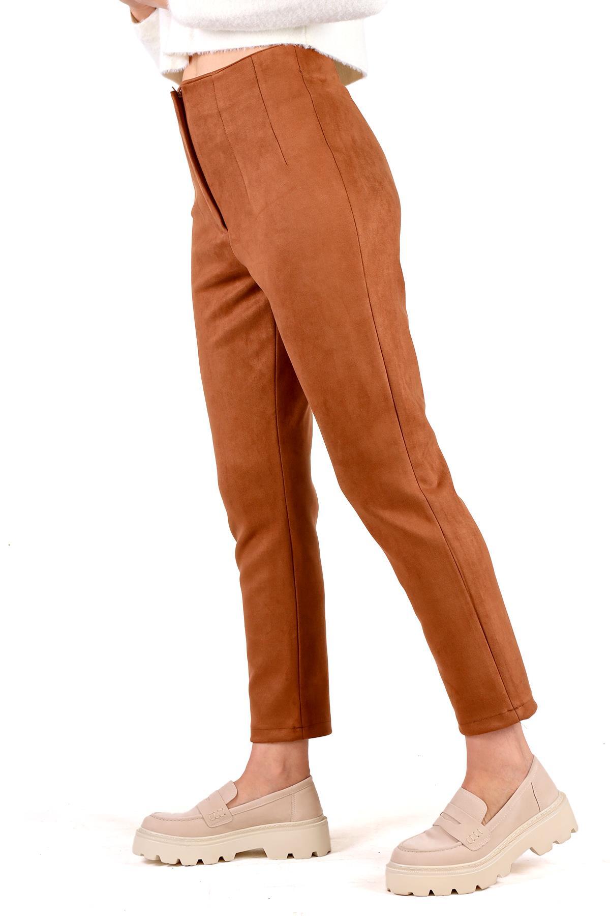 Taba Pens Detay Fermuarlı Süet Pantolon 7348A - 3