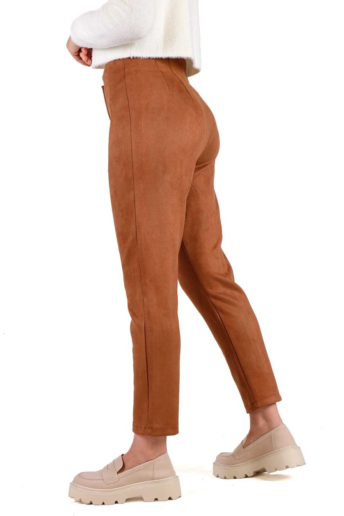 Taba Pens Detay Fermuarlı Süet Pantolon 7348A - 4