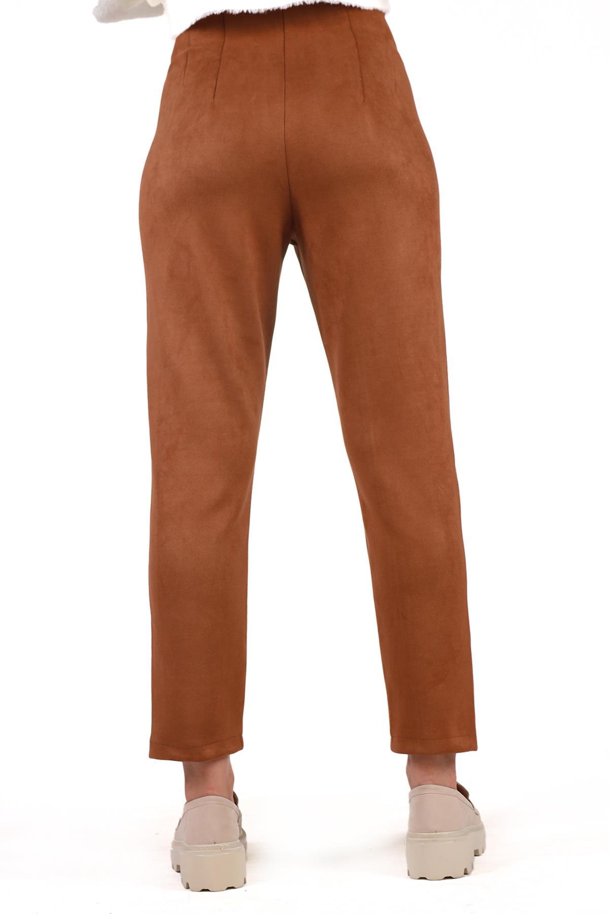 Taba Pens Detay Fermuarlı Süet Pantolon 7348A - 5