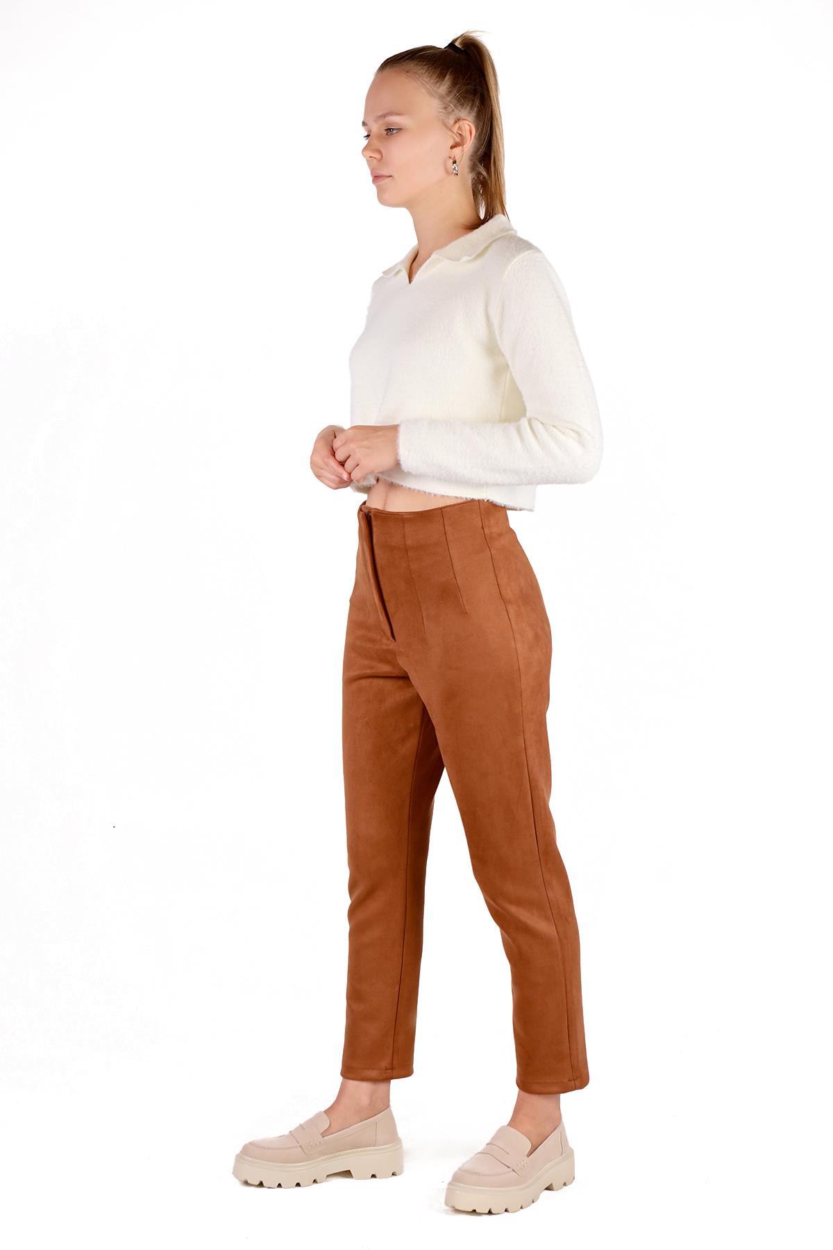 Taba Pens Detay Fermuarlı Süet Pantolon 7348A - 6