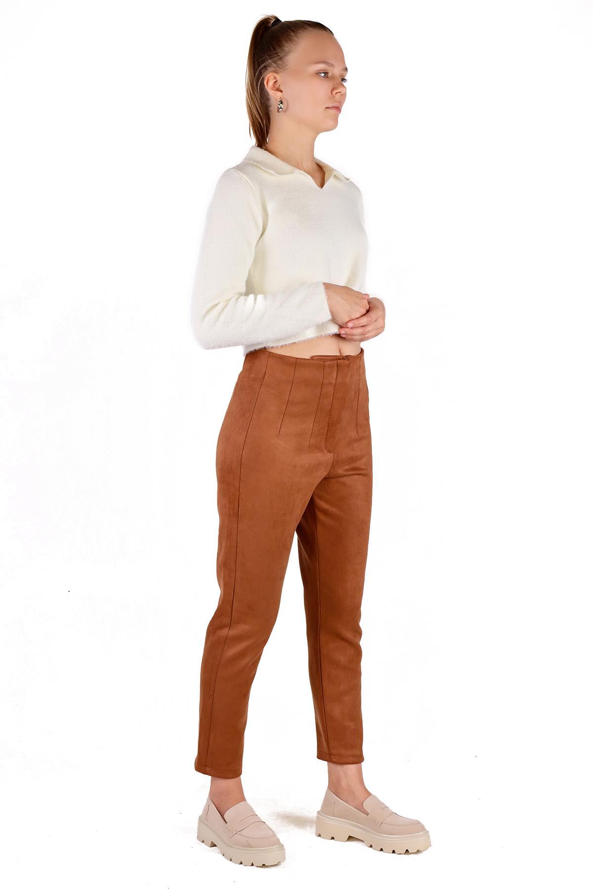 Taba Pens Detay Fermuarlı Süet Pantolon 7348A - 7