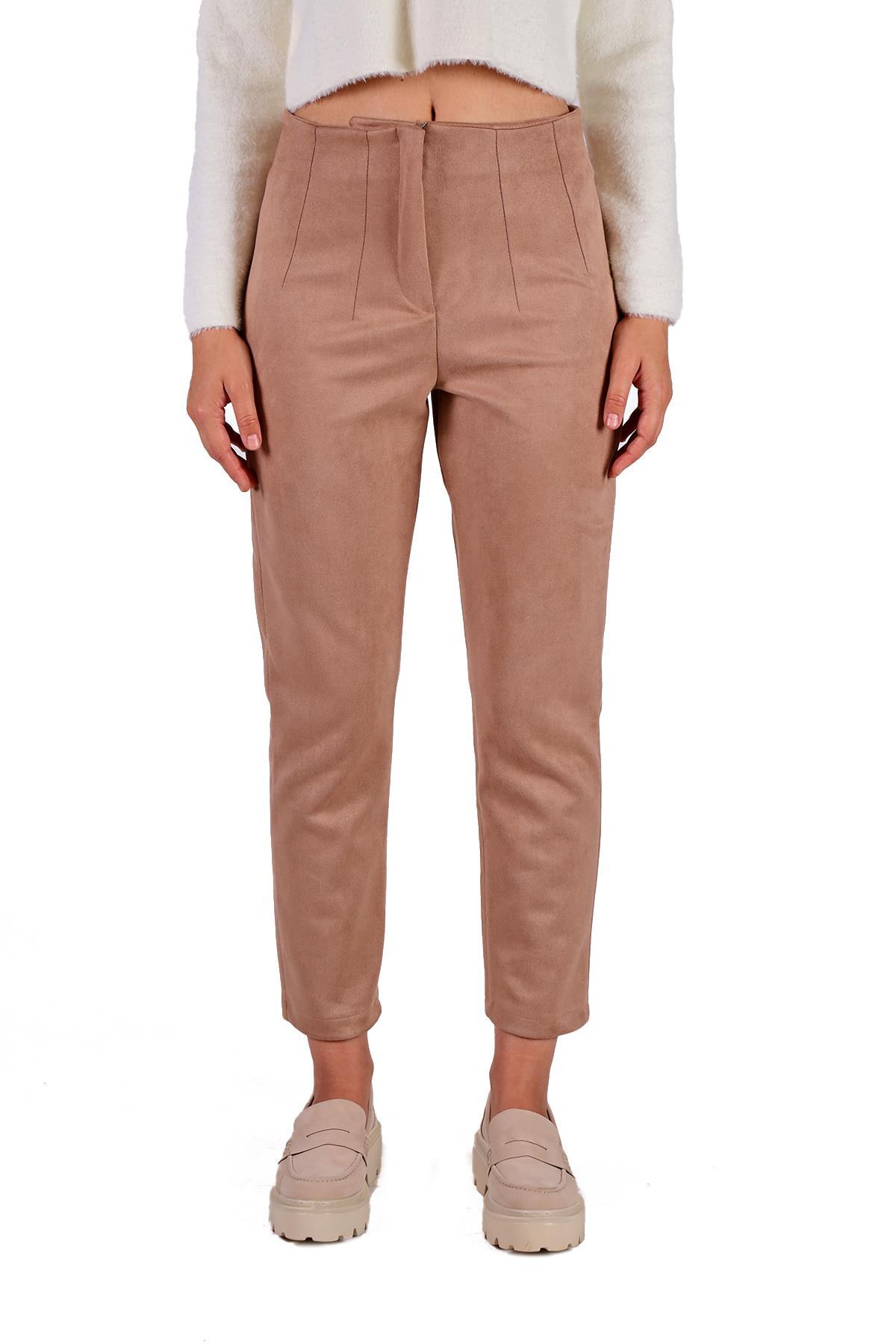 7348A Pens Detay Fermuarlı Süet Pantolon Vizon - 3