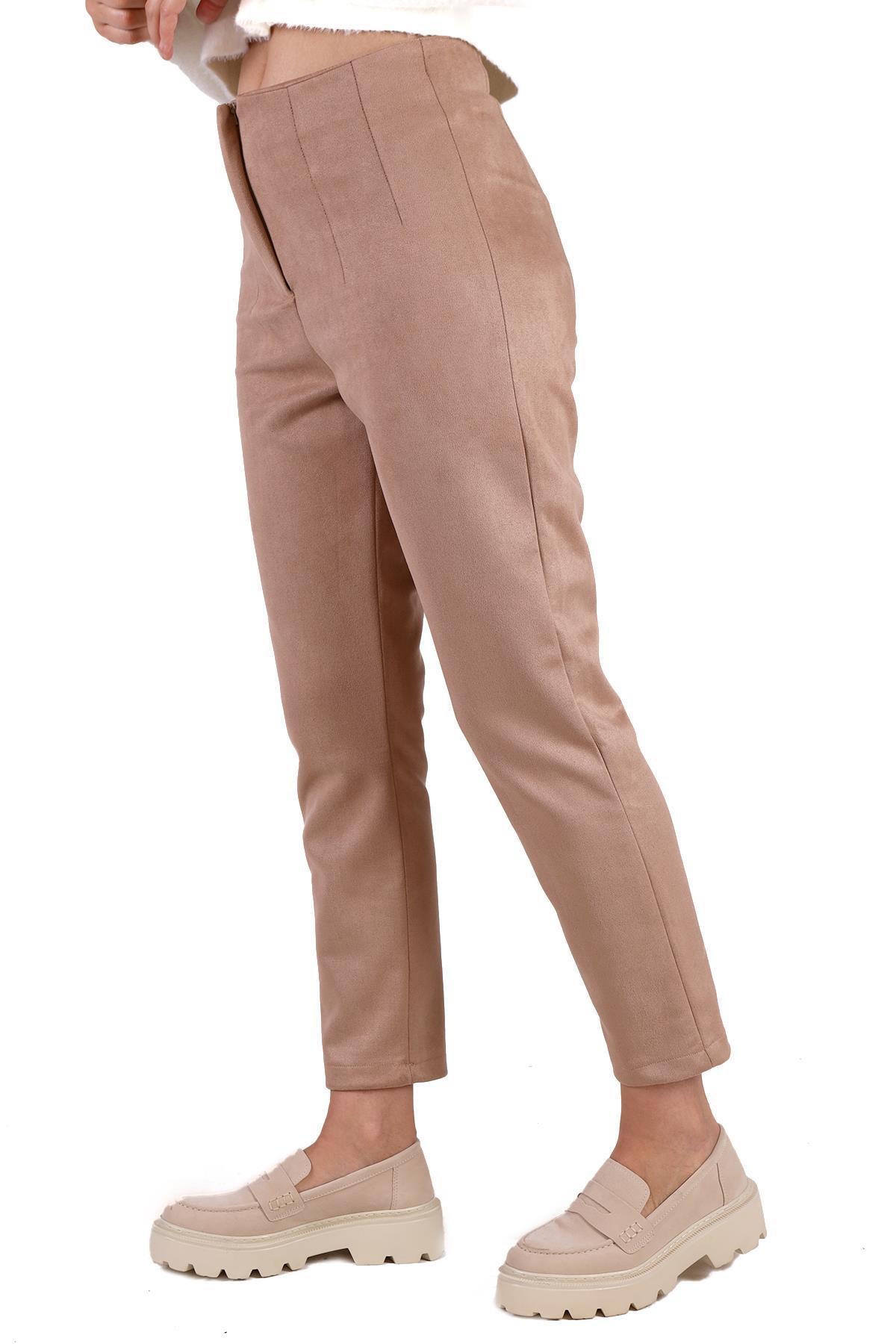 7348A Pens Detay Fermuarlı Süet Pantolon Vizon - 7