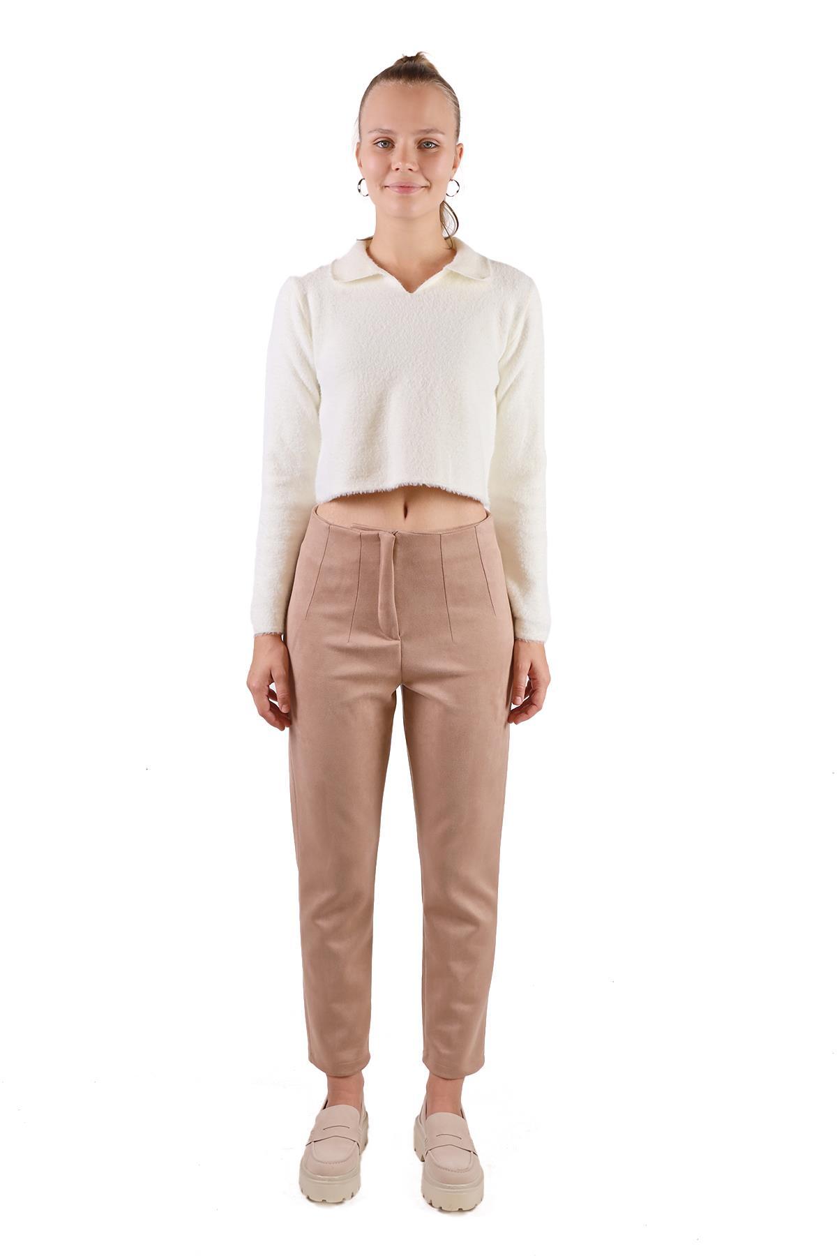 7348A Pens Detay Fermuarlı Süet Pantolon Vizon 