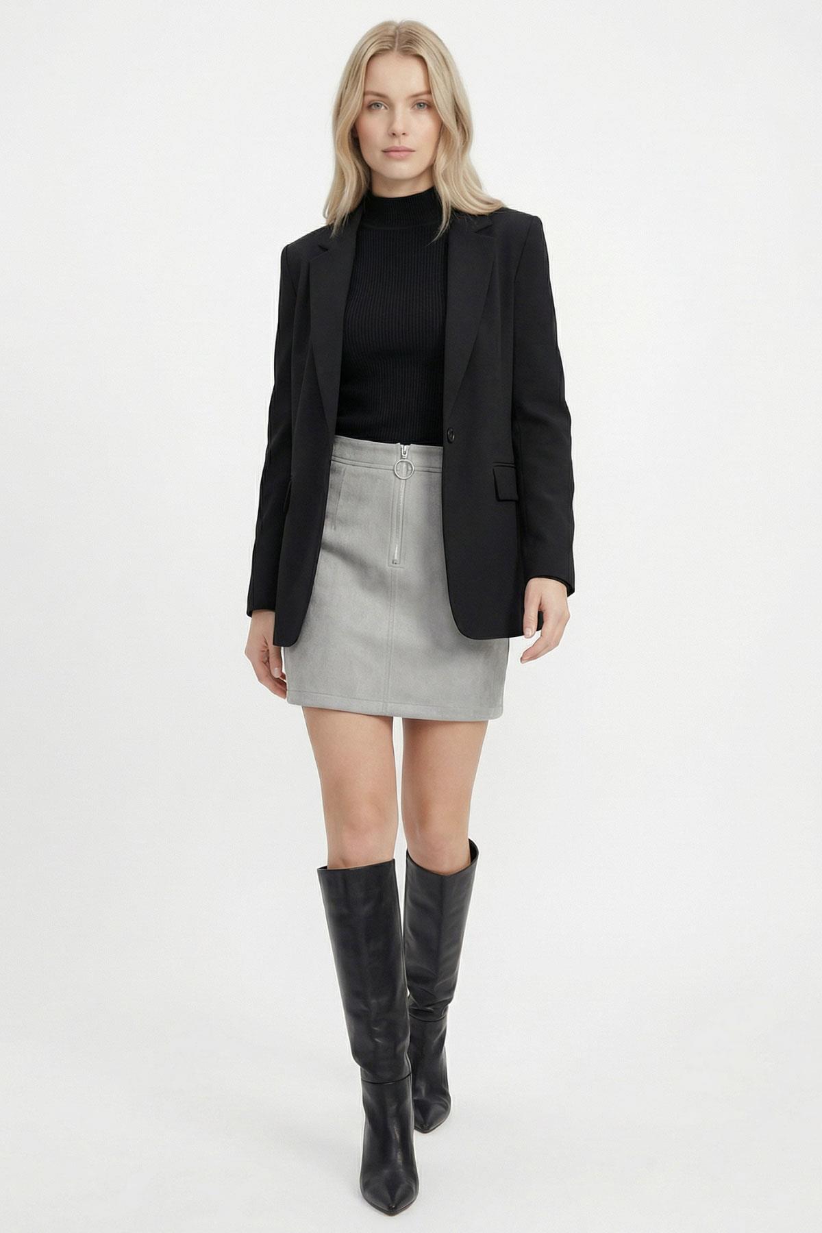 7350A Ön Fermuarlı Kaşe Etek Gri 