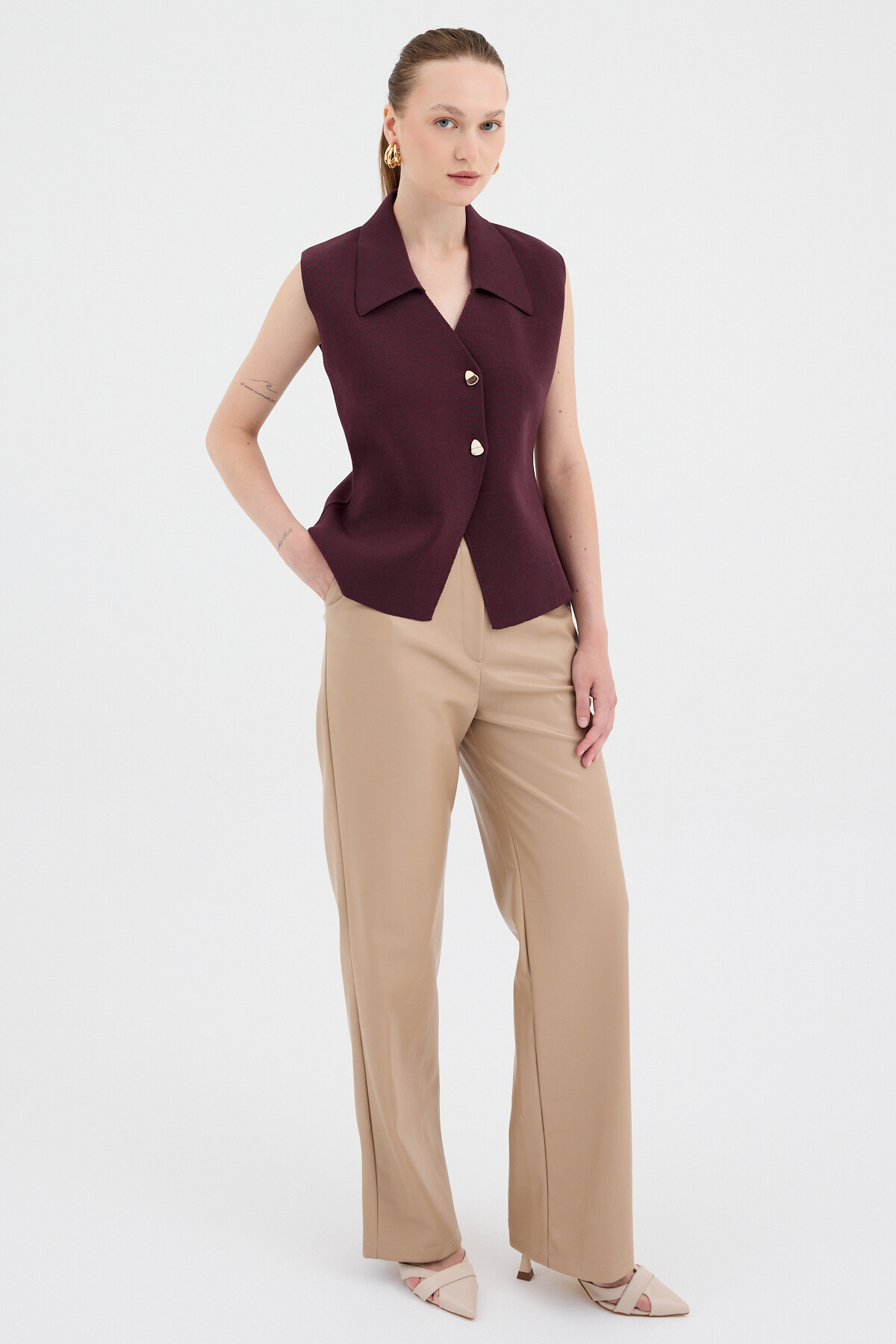 Bordo Yaka Detaylı Düğmeli Triko Kadın Yelek 7355 - 3