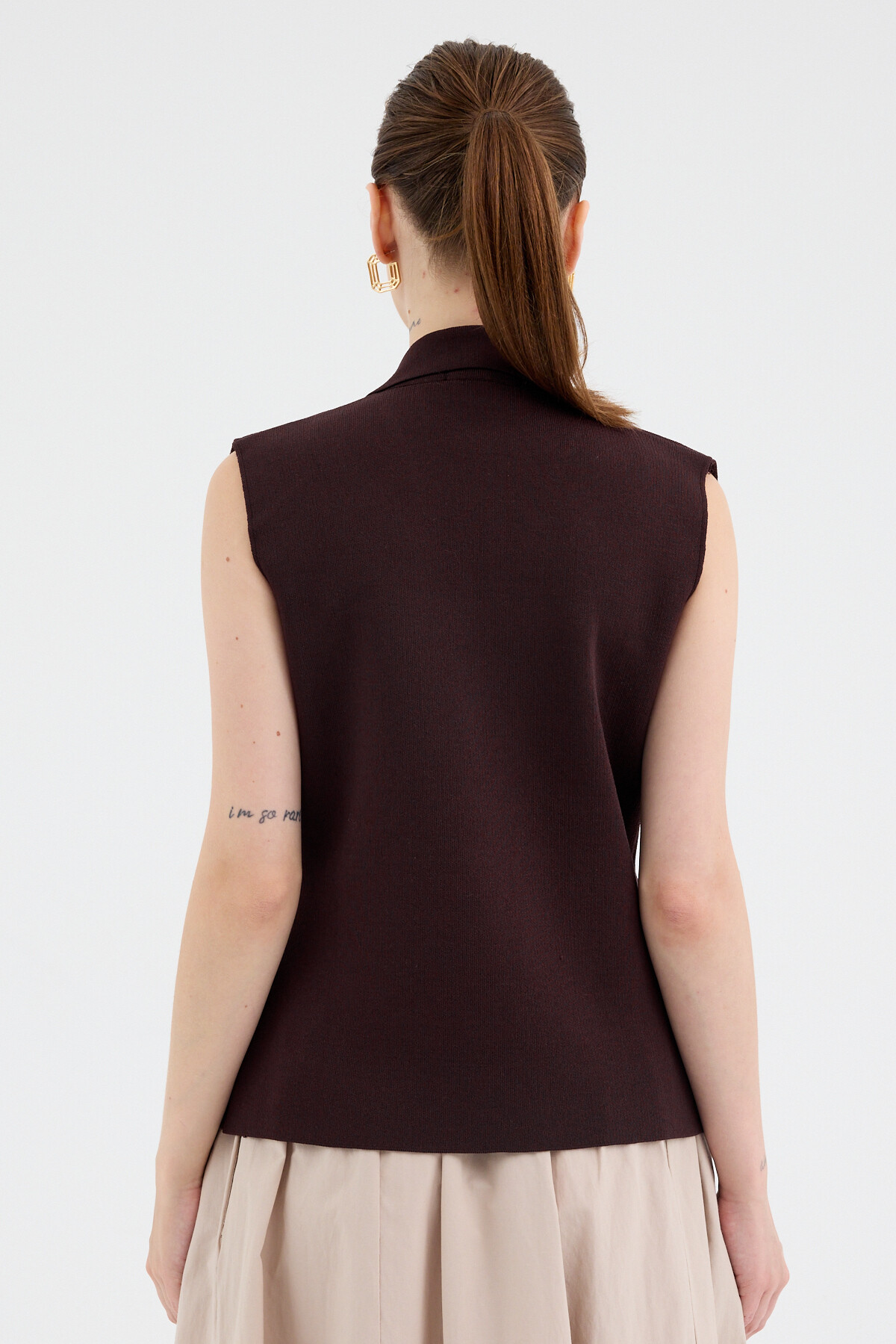 Kahve Yaka Detaylı Düğmeli Triko Kadın Yelek 7355 - 5