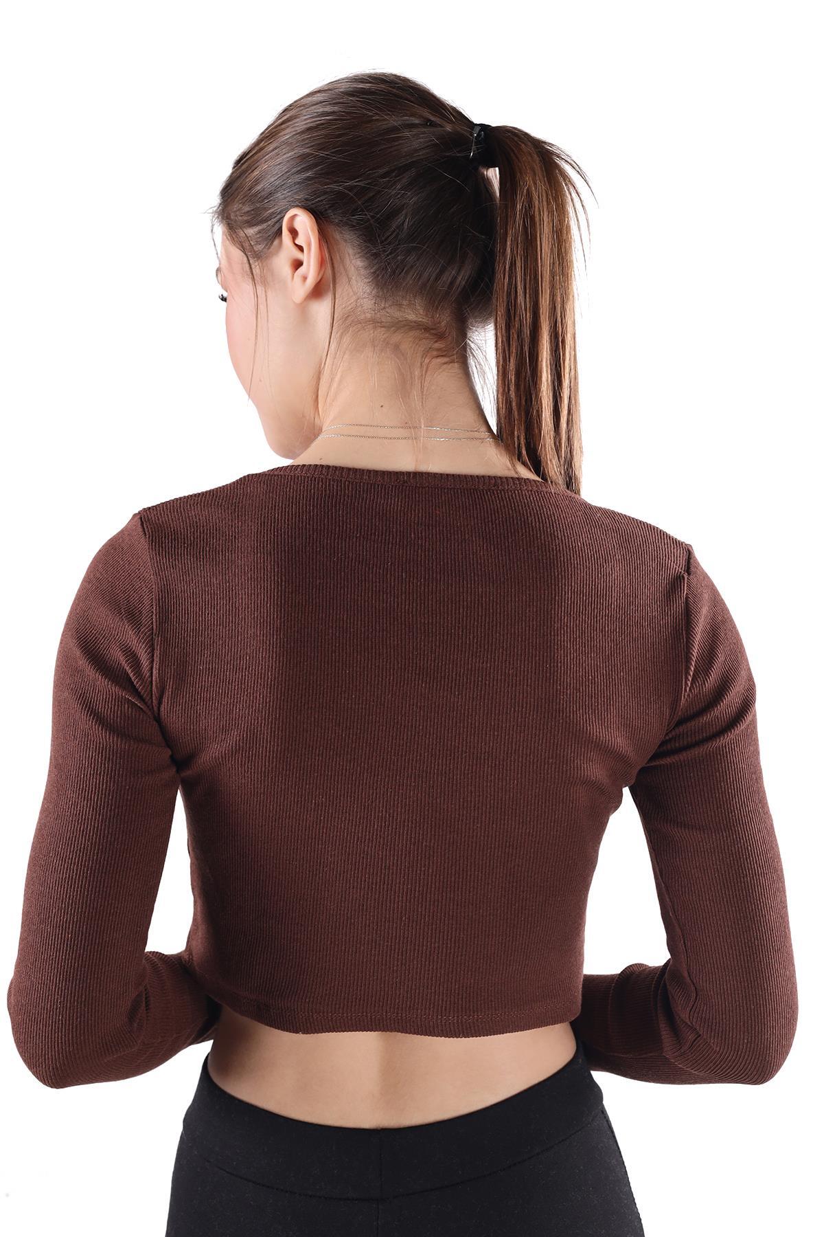 736 Kare Yaka Crop Bluz Acı Kahve - 5