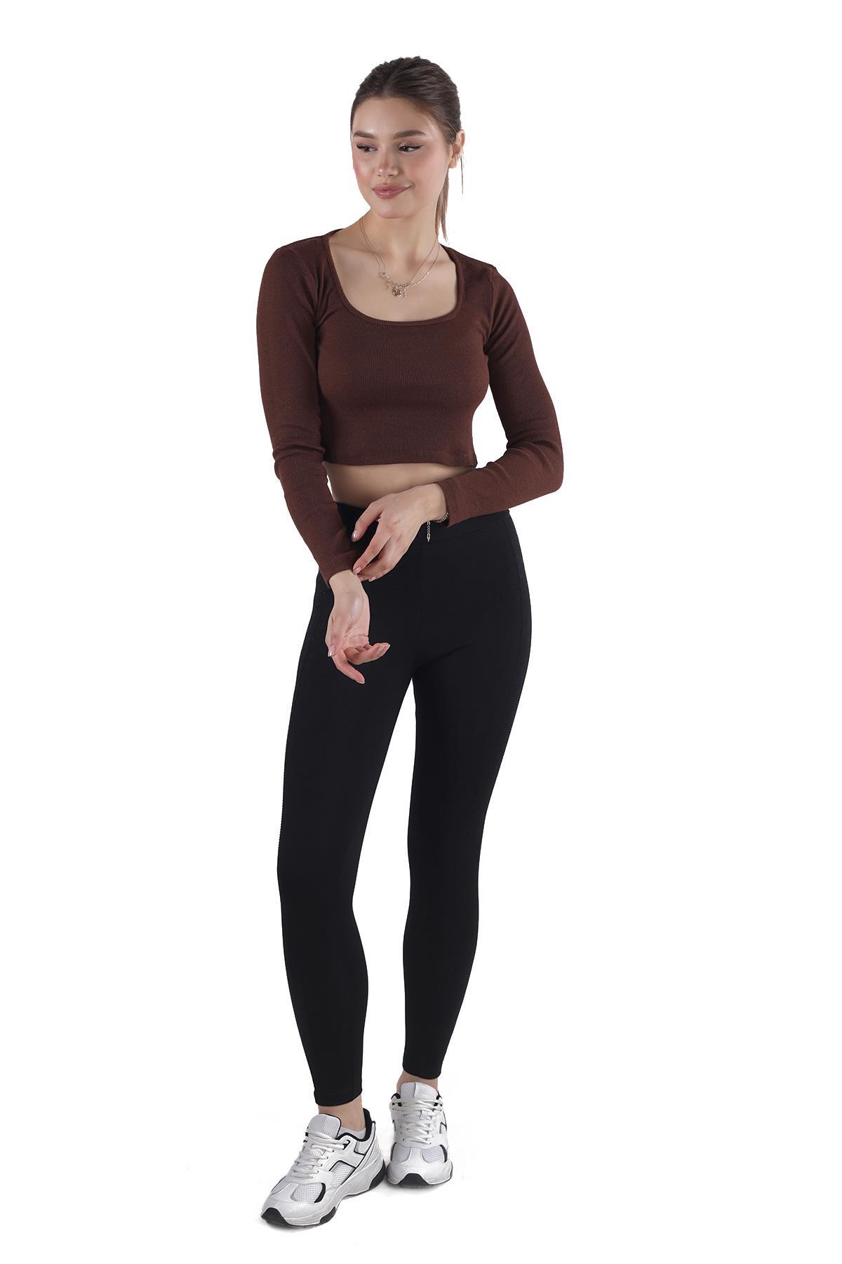 736 Kare Yaka Crop Bluz Acı Kahve - 6