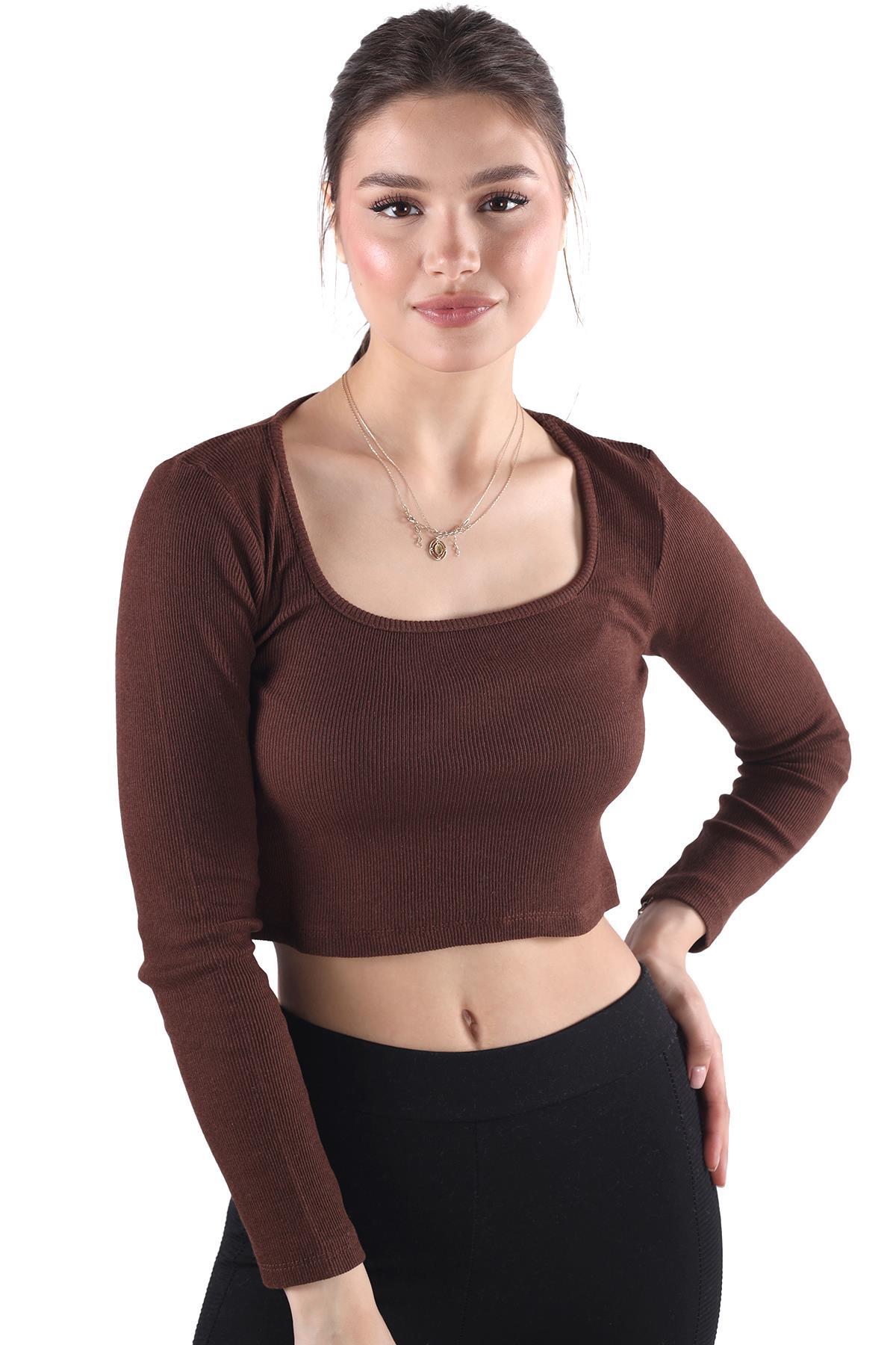736 Kare Yaka Crop Bluz Acı Kahve - 1