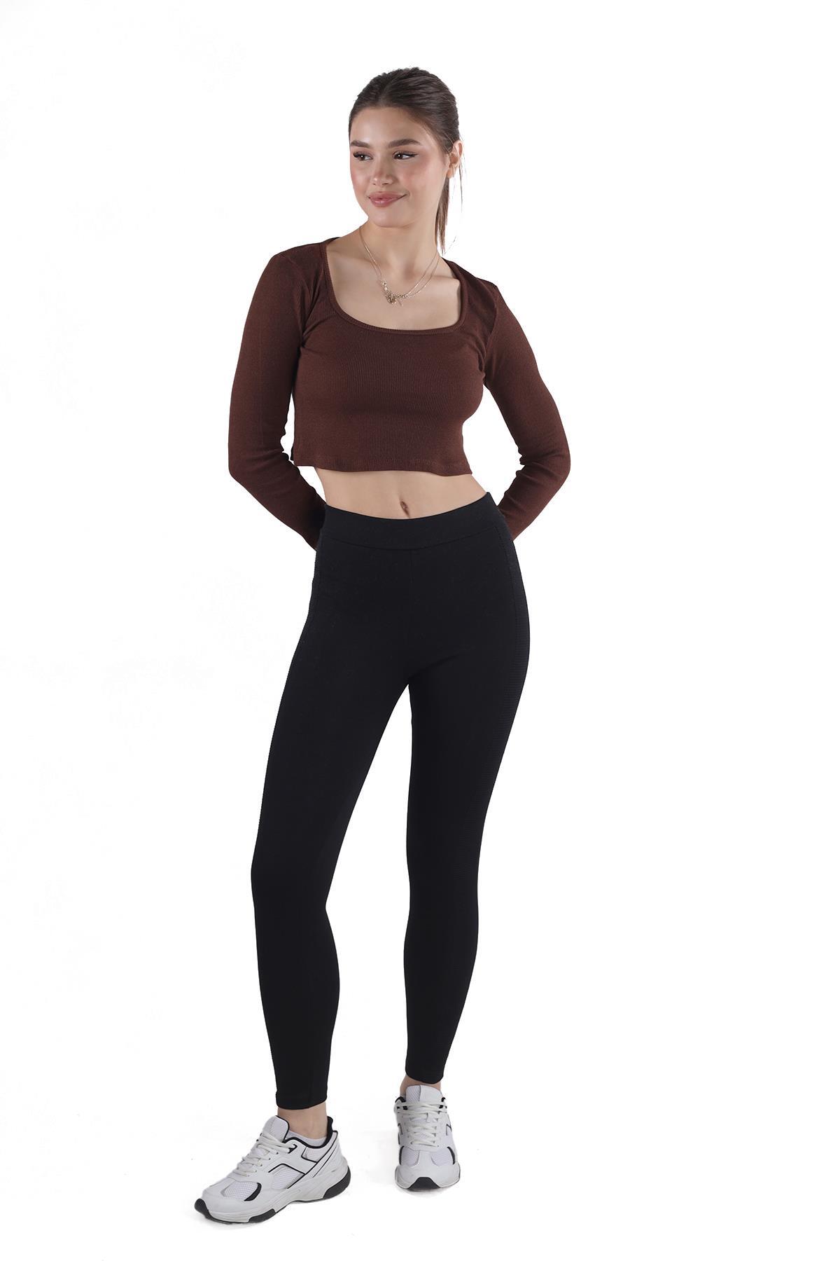 736 Kare Yaka Crop Bluz Acı Kahve - 7