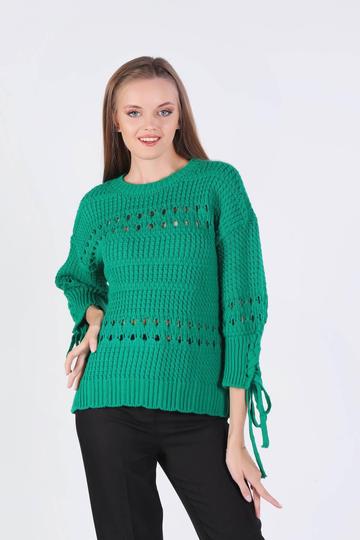 Benetton Yeşili Kol Bağlama Detay Delikli Kazak 7588 