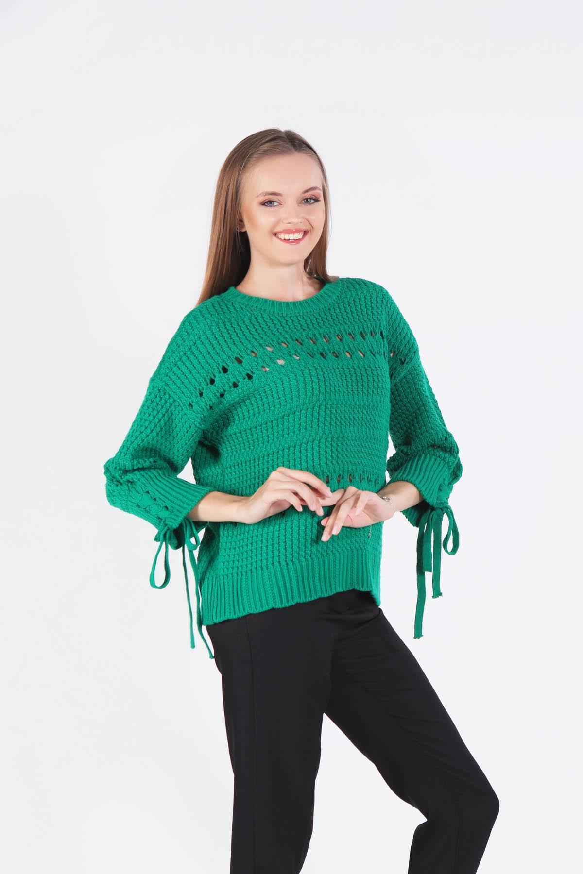 Benetton Yeşili Kol Bağlama Detay Delikli Kazak 7588 - 3