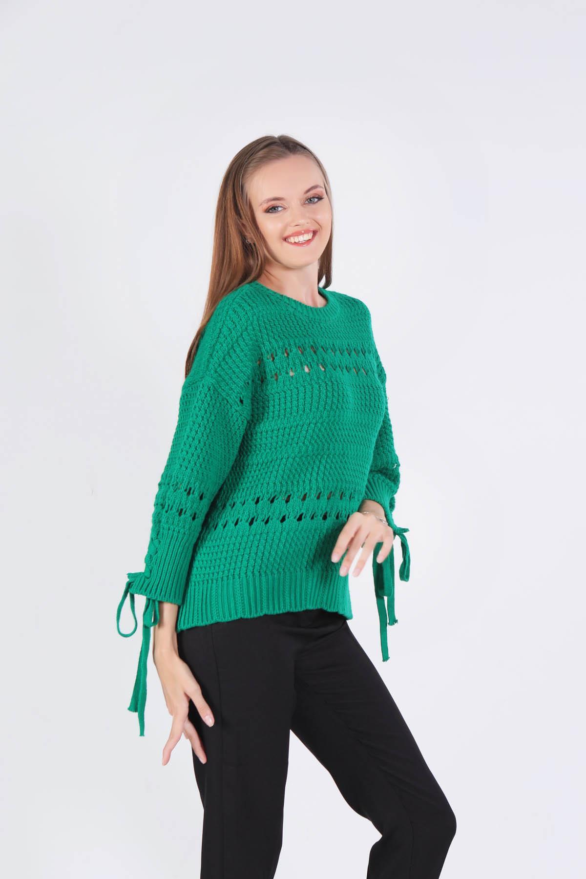 Benetton Yeşili Kol Bağlama Detay Delikli Kazak 7588 - 4