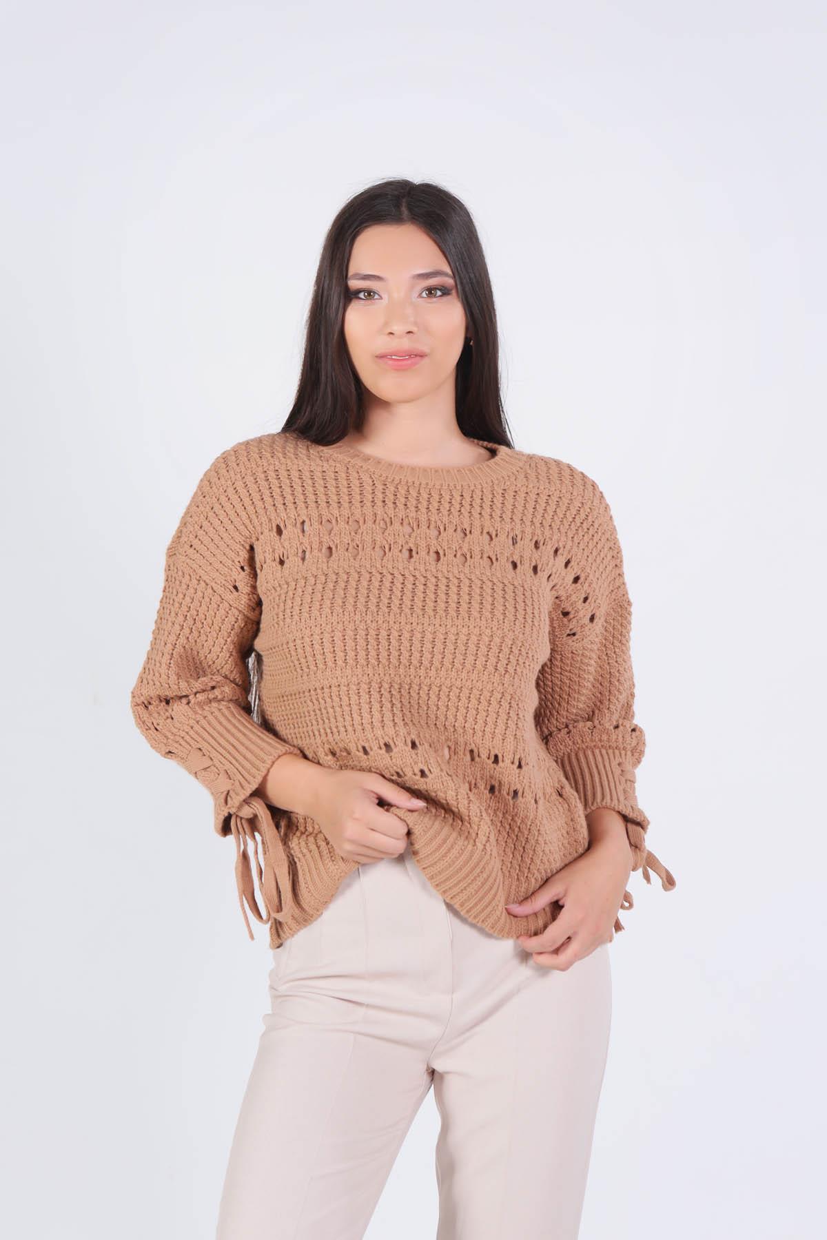 7588 Kol Bağlama Detay Delikli Kazak Camel 