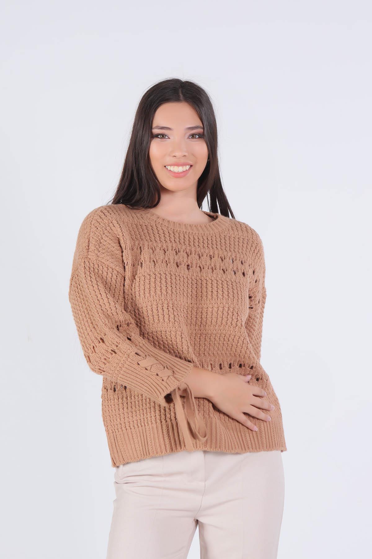 Camel Kol Bağlama Detay Delikli Kazak 7588 - 3