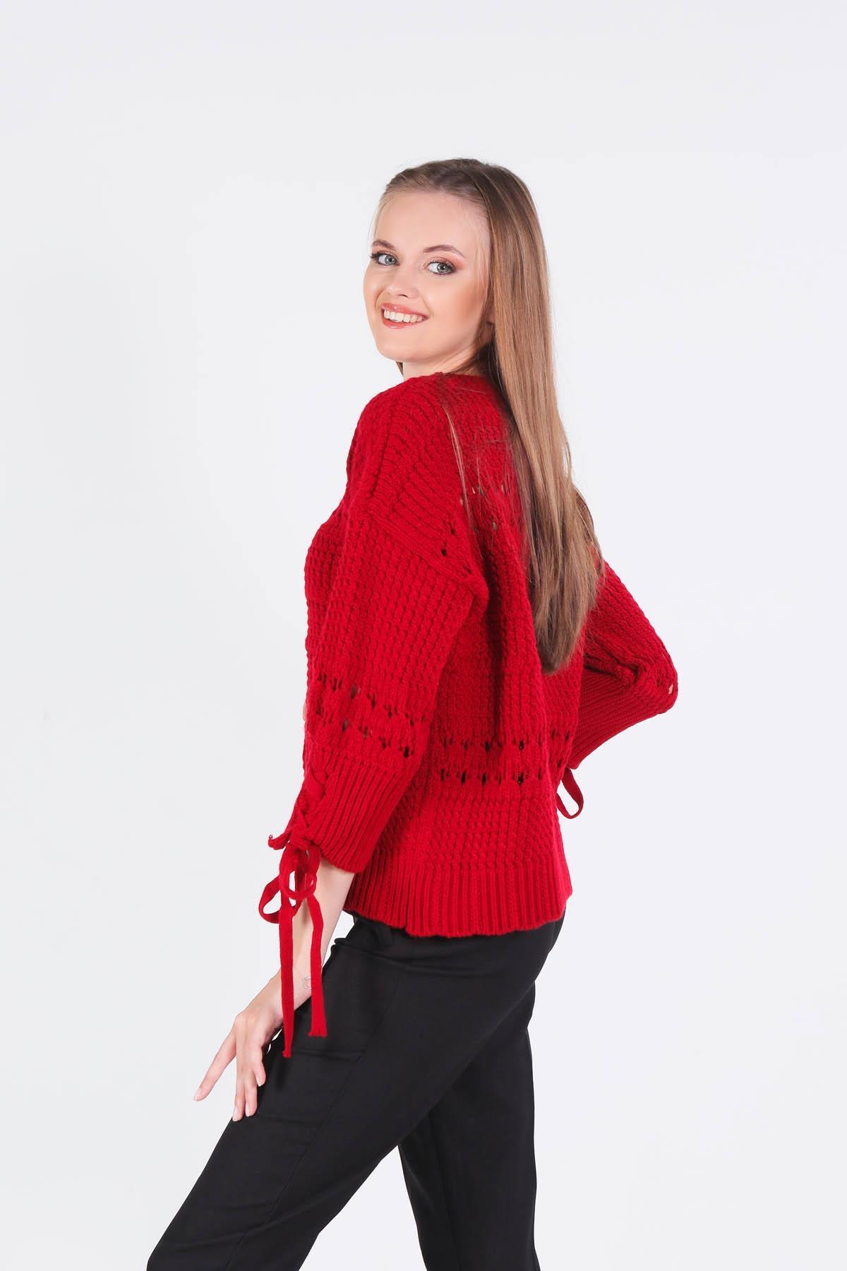 7588 Kol Bağlama Detay Delikli Kazak Kırmızı - 3