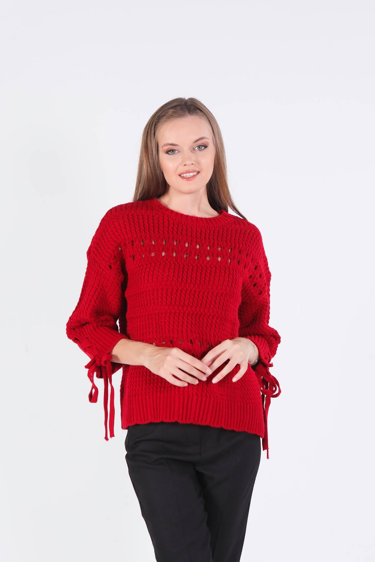 7588 Kol Bağlama Detay Delikli Kazak Kırmızı - 5