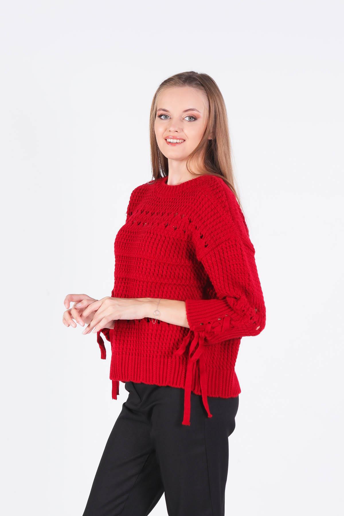 7588 Kol Bağlama Detay Delikli Kazak Kırmızı - 2