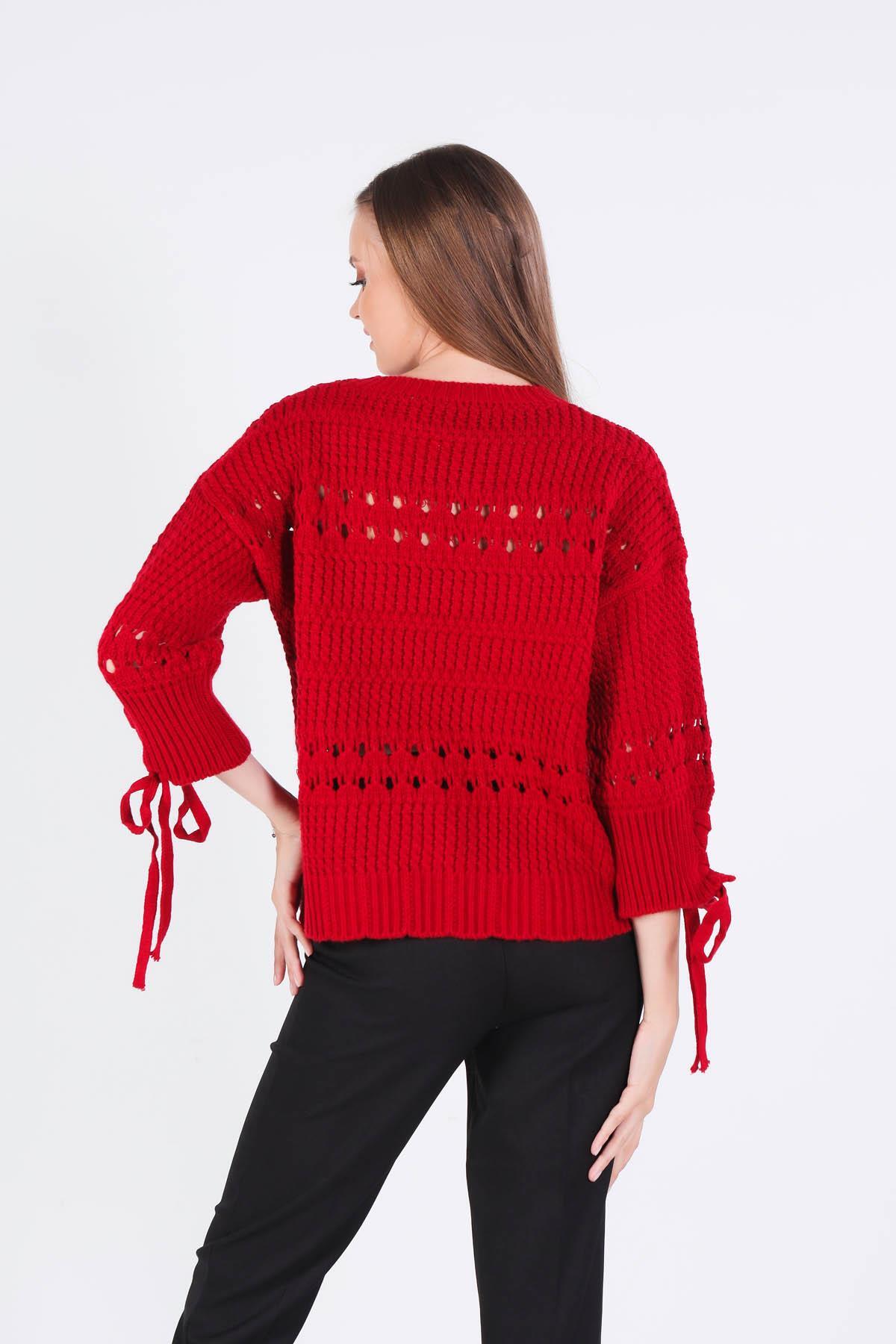 Kırmızı Kol Bağlama Detay Delikli Kazak 7588 - 4