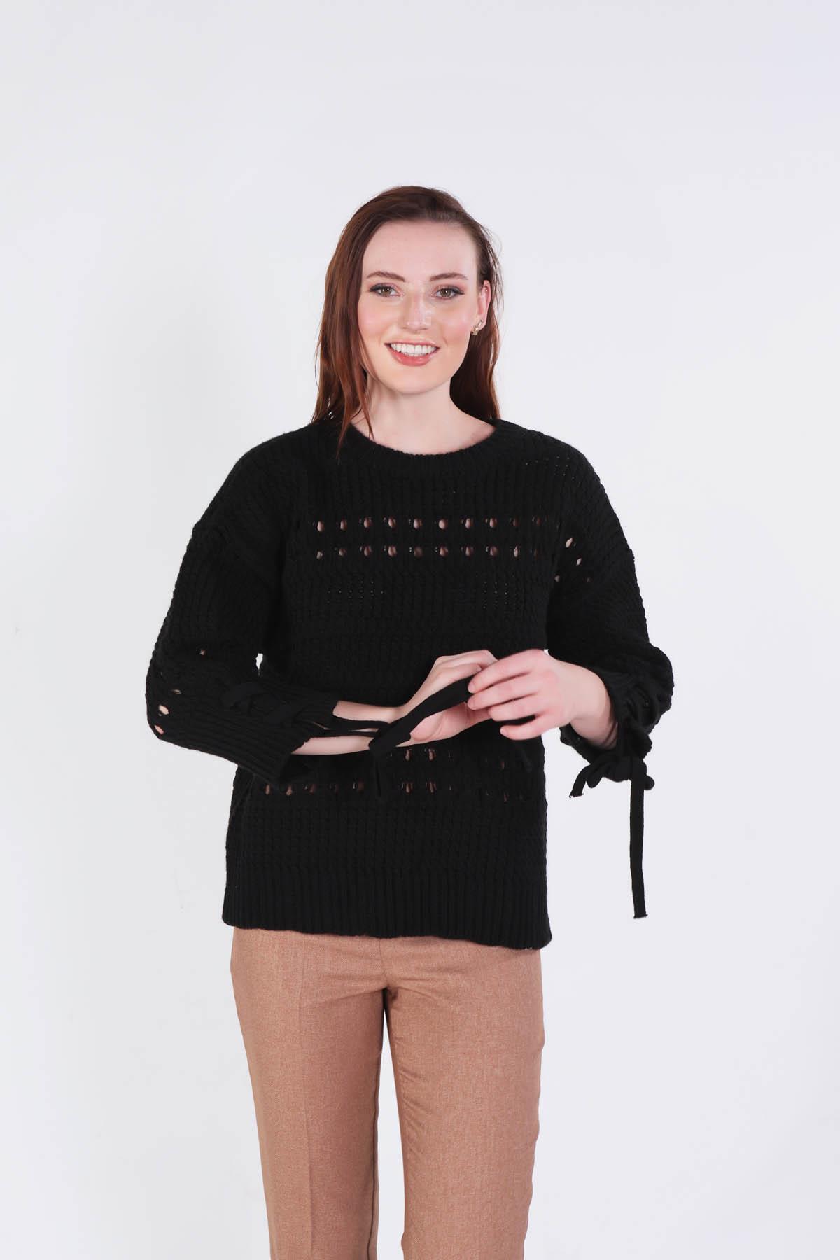 7588 Kol Bağlama Detay Delikli Kazak Siyah - 2