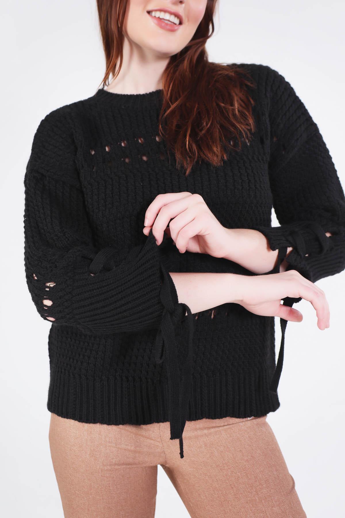 7588 Kol Bağlama Detay Delikli Kazak Siyah - 6